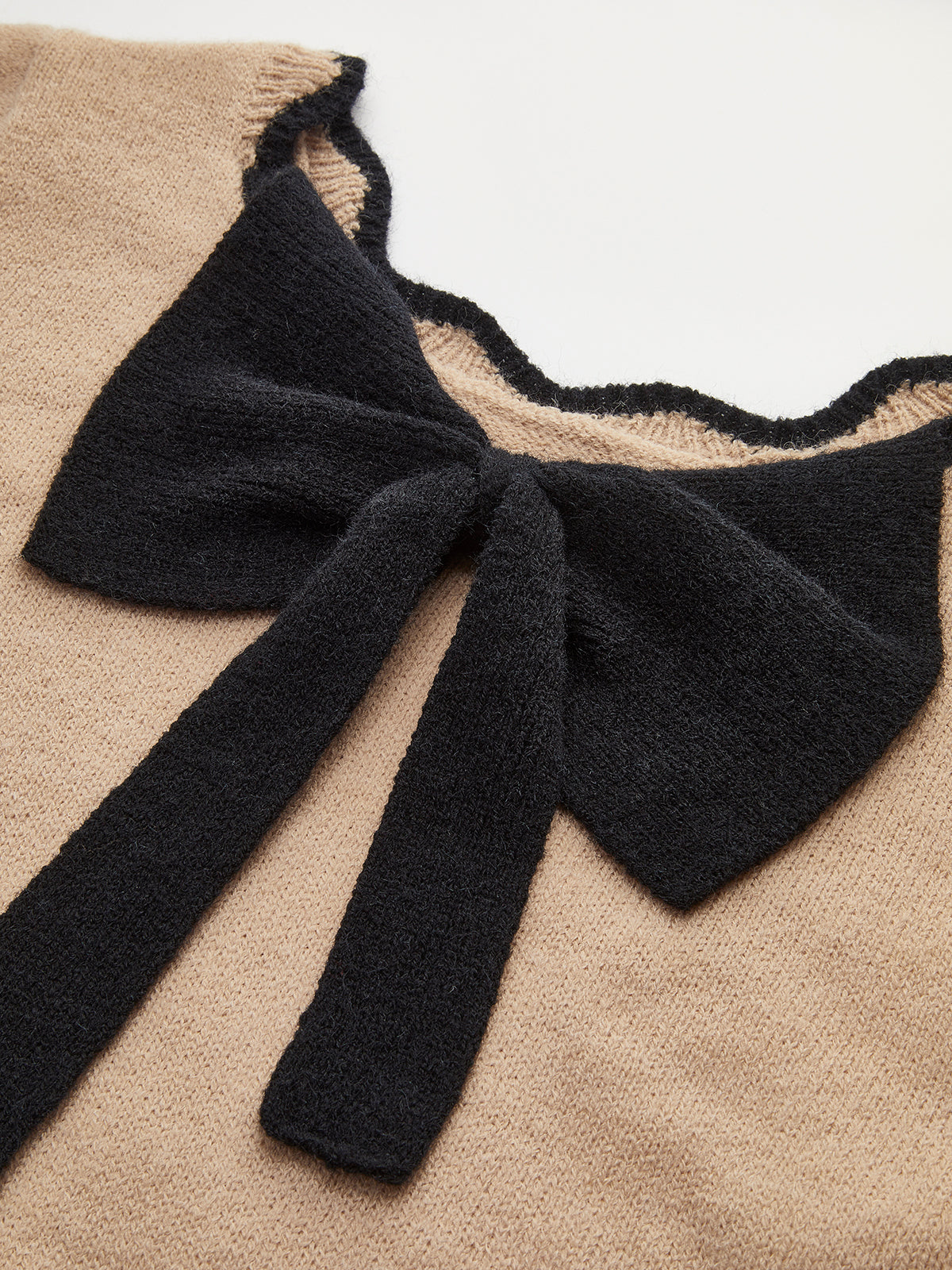 Contrast Wave Trim Bow Sweater Textured Knit Pullover Top