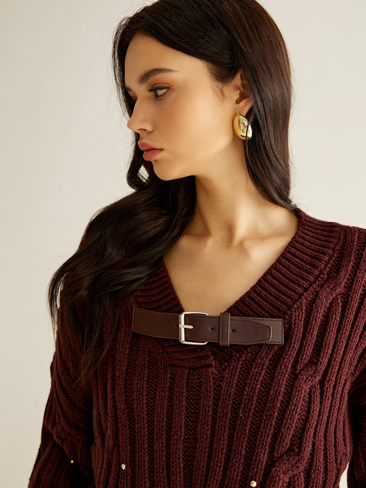 Buckle Belted Beaded Knit Top - Trendy Work & Casual Wear