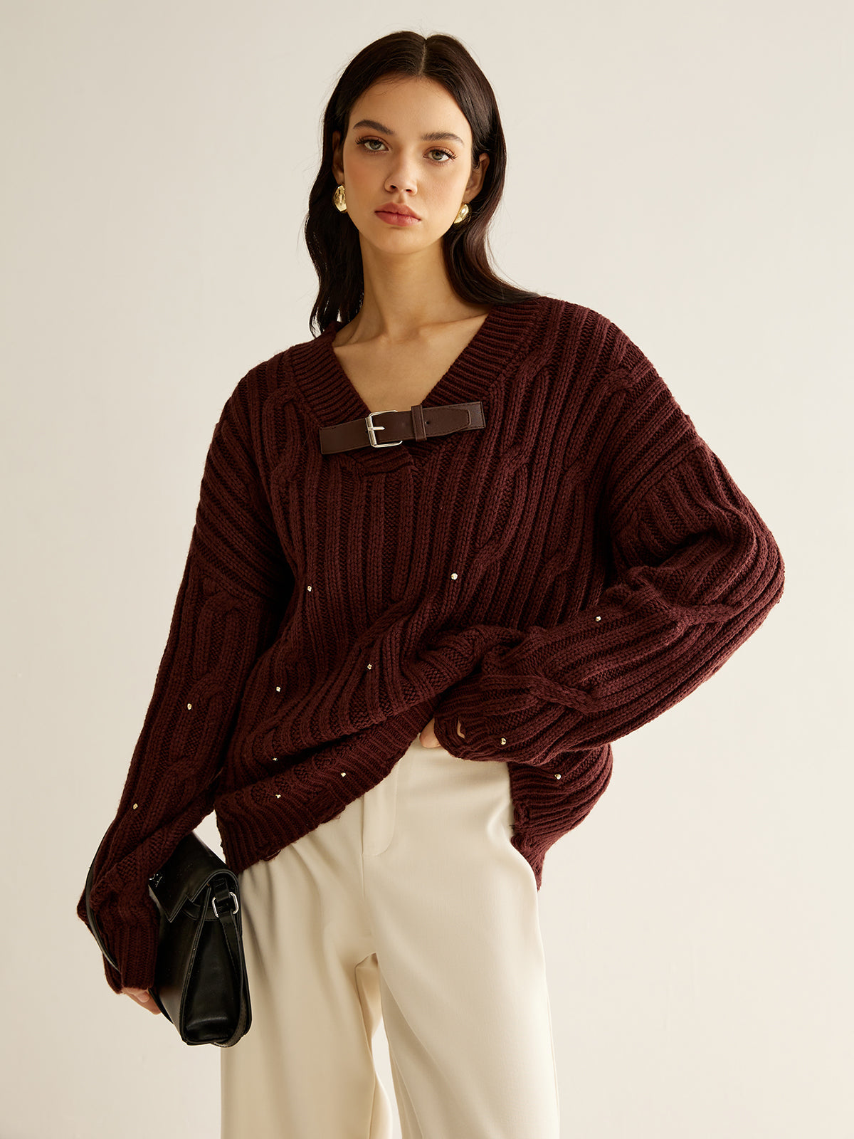Buckle Belted Beaded Knit Top - Trendy Work & Casual Wear
