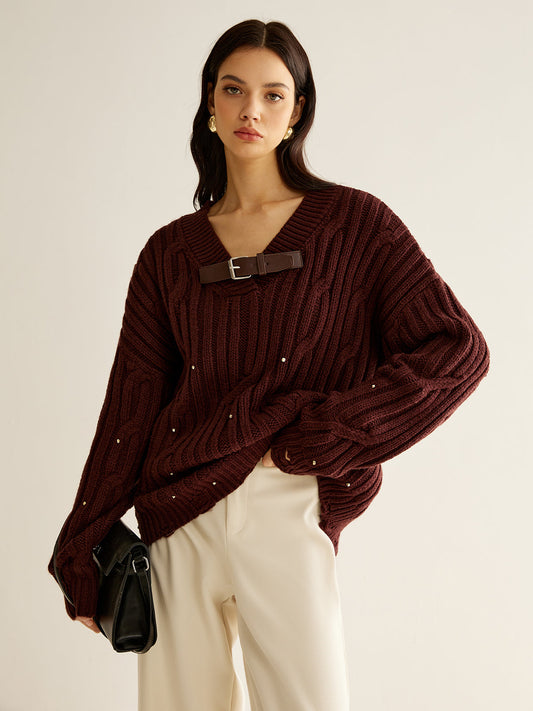 Buckle Belted Beaded Knit Top - Trendy Work & Casual Wear