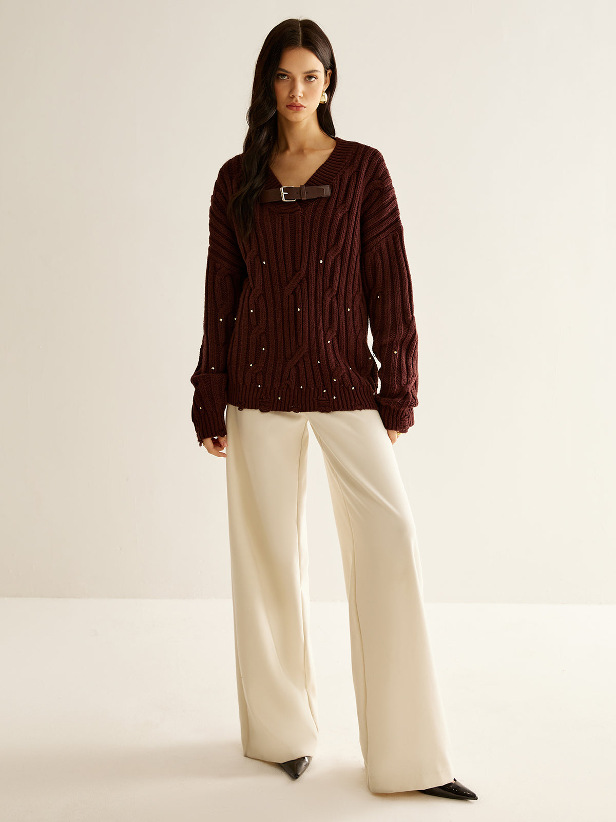 Buckle Belted Beaded Knit Top - Trendy Work & Casual Wear