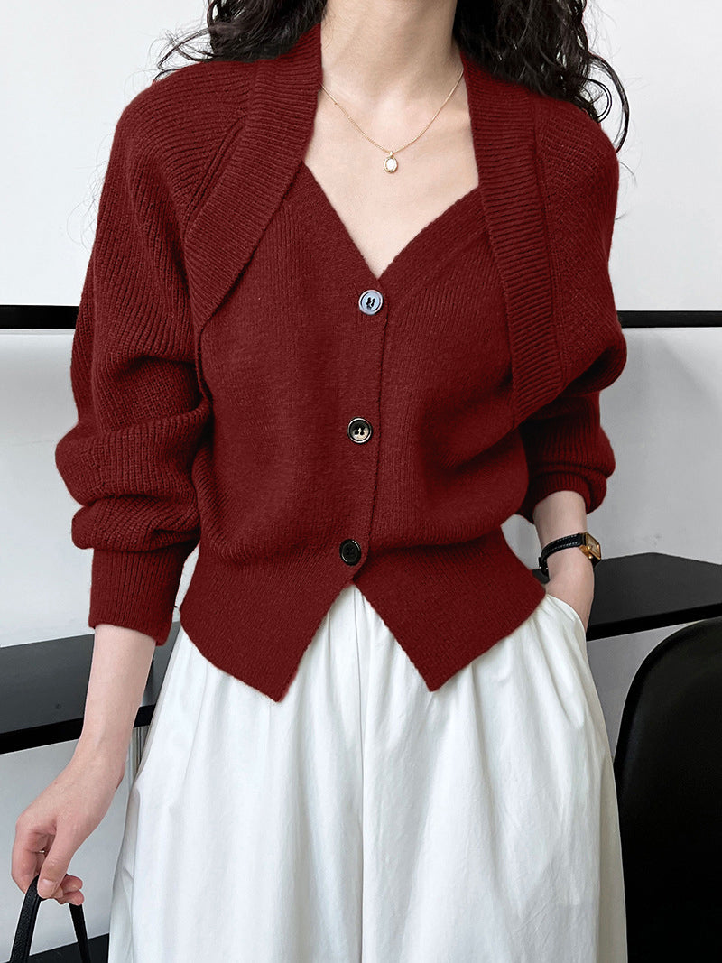 Patchwork V-neck Button Sweater Cozy Knit Winter Fashion