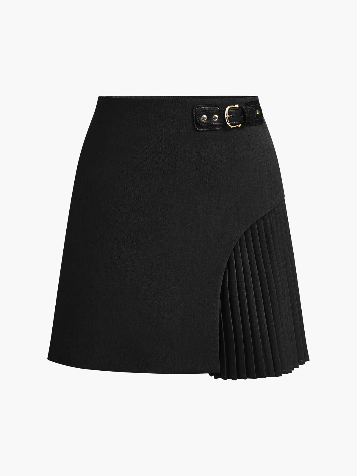 Side Pleated Buckle Belted Skirt for Women, Casual Office Wear