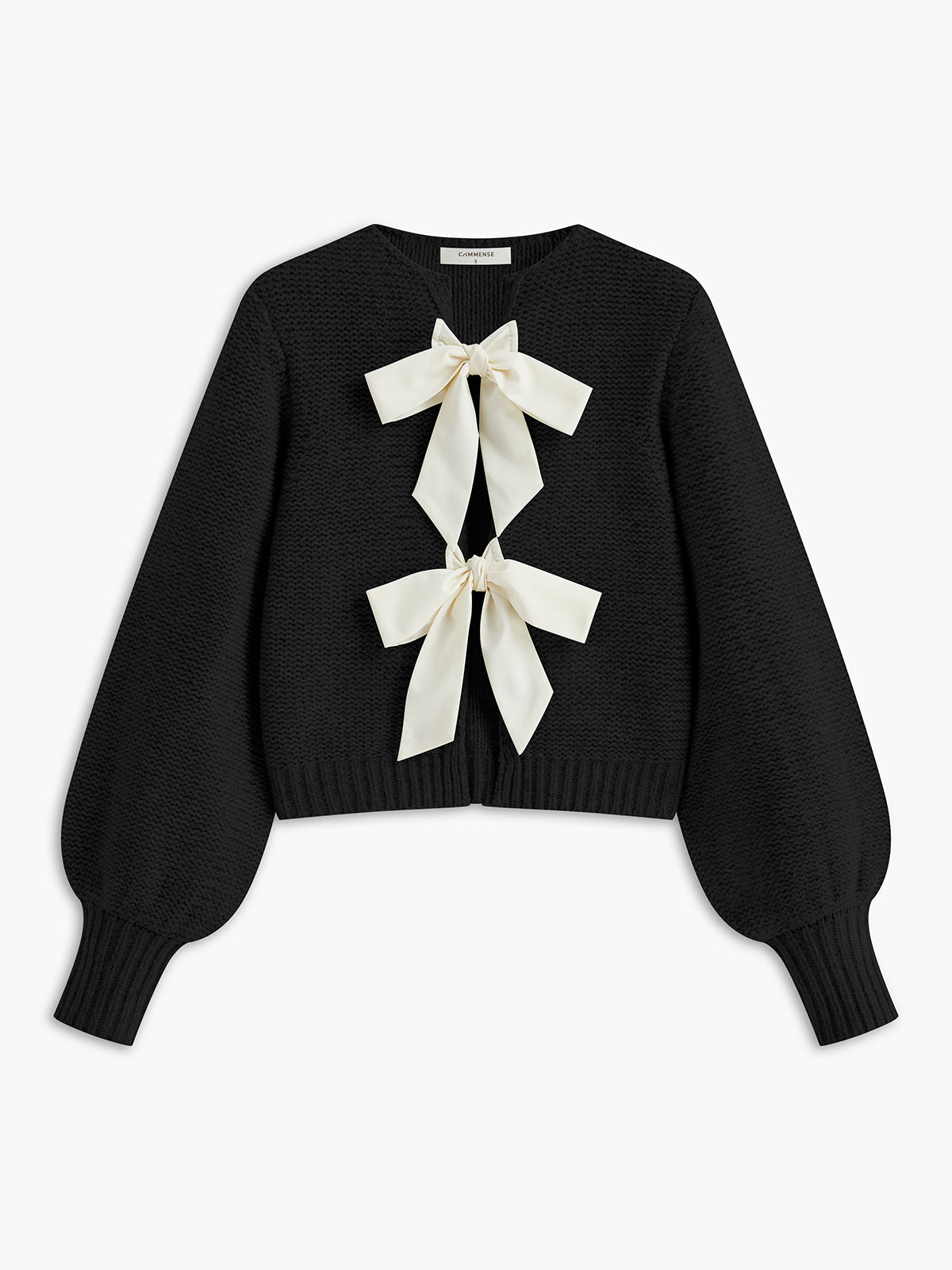 Crew Neck Bow Knit Top with Long Sleeves and Ribbed Texture