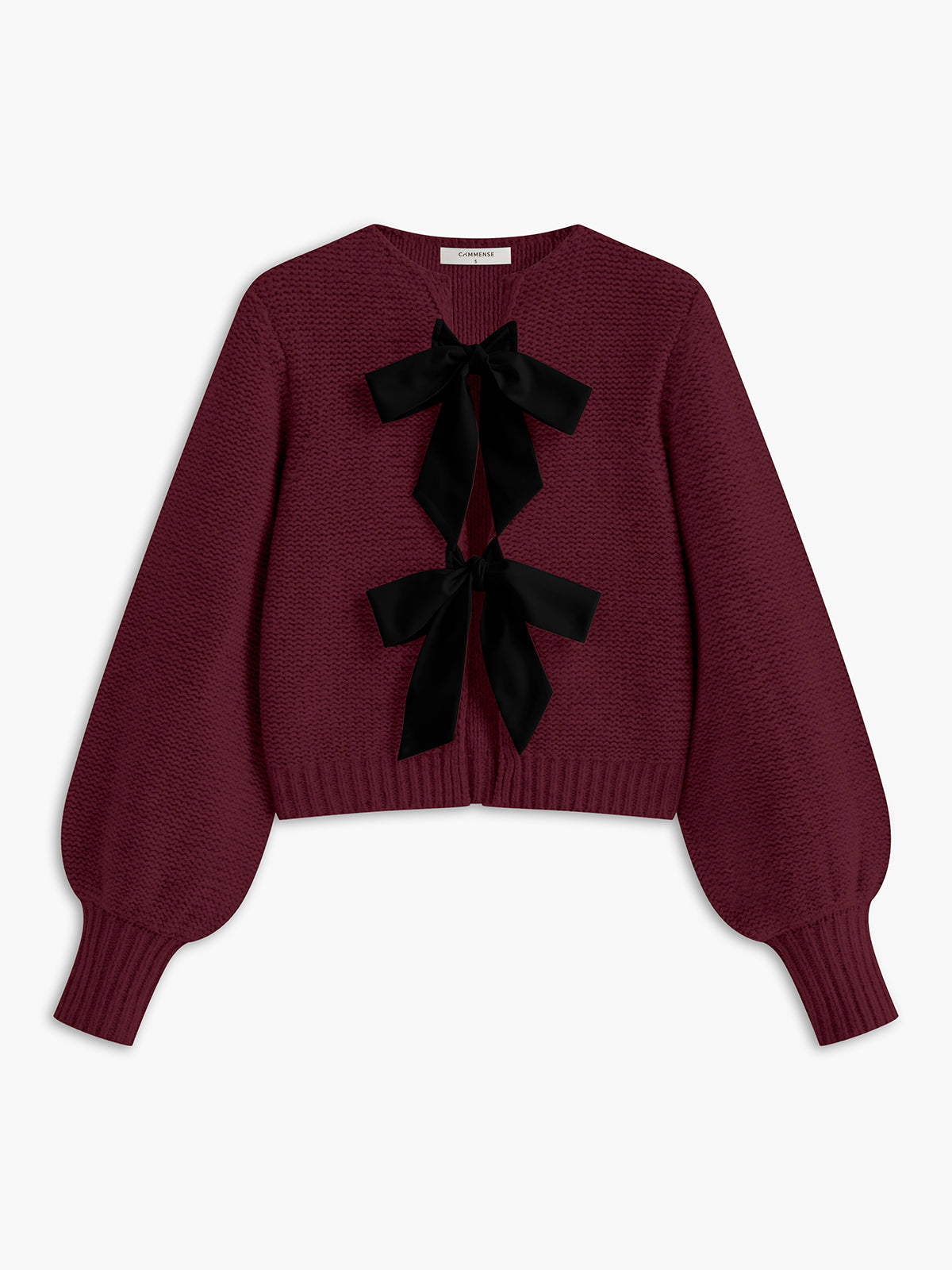 Crew Neck Bow Knit Top with Long Sleeves and Ribbed Texture