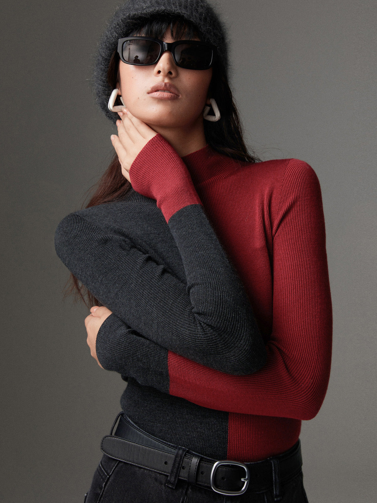 Wool-Blend Two Tone Skinny Knit Top for Women’s Fashion