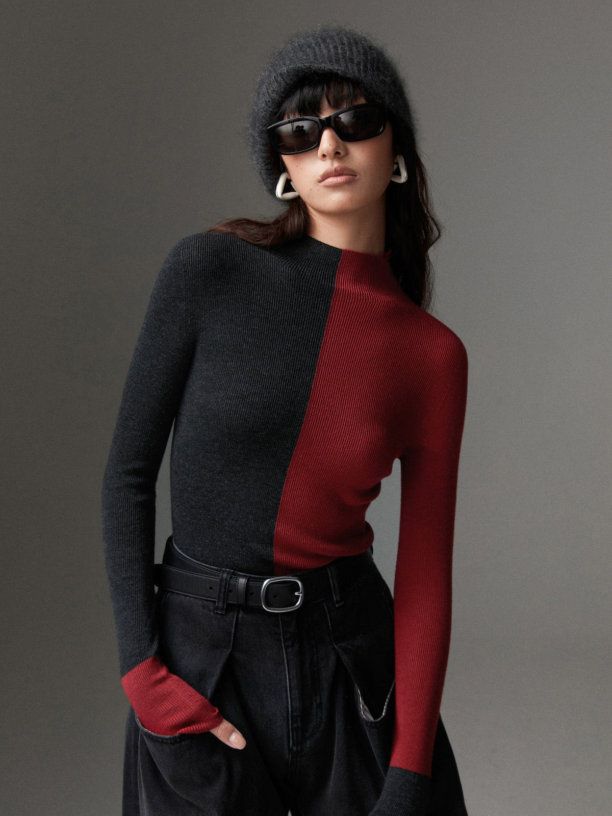 Wool-Blend Two Tone Skinny Knit Top for Women’s Fashion