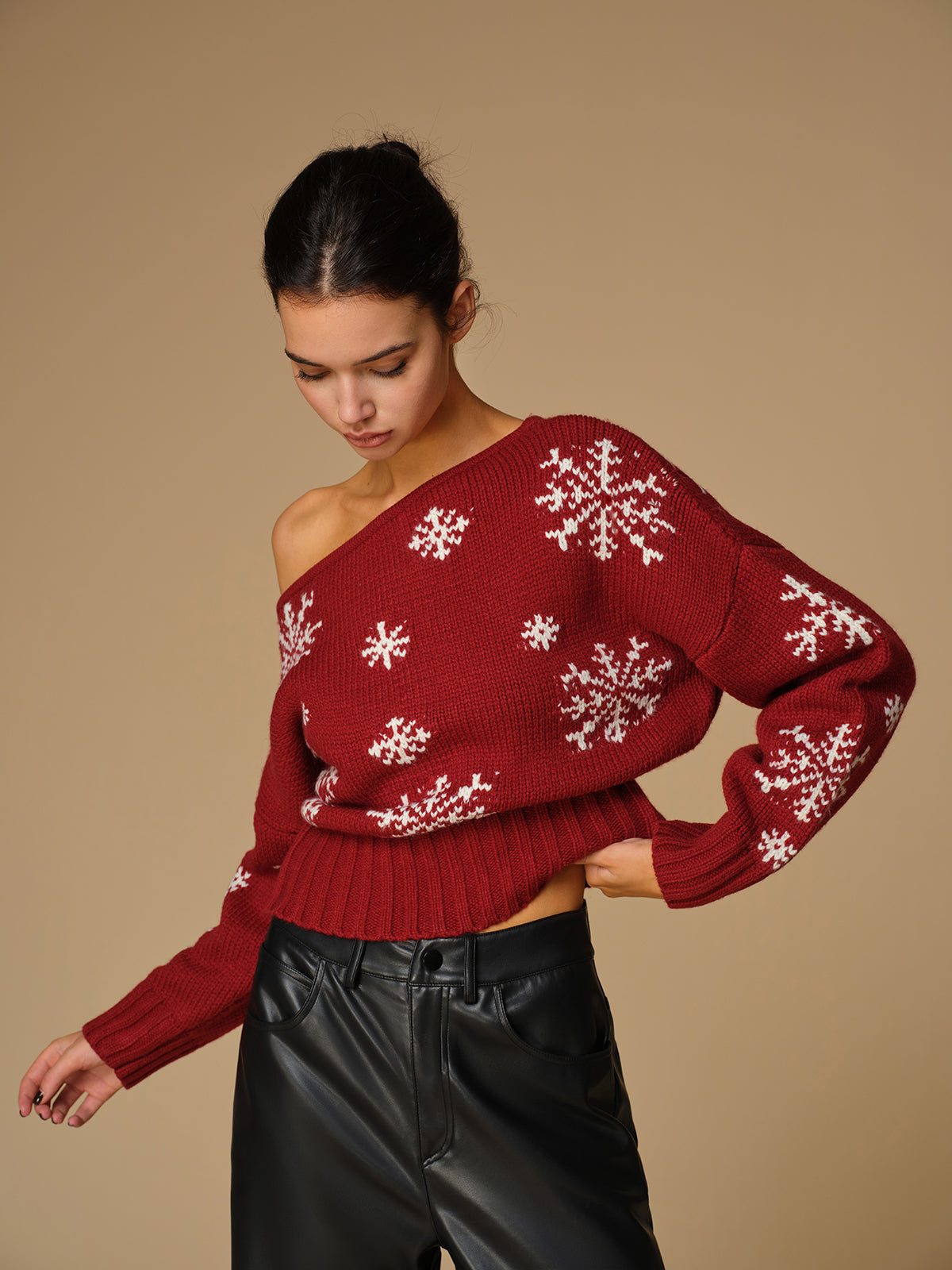 Asymmetrical Snowflake Knit Top for Women Winter Wear