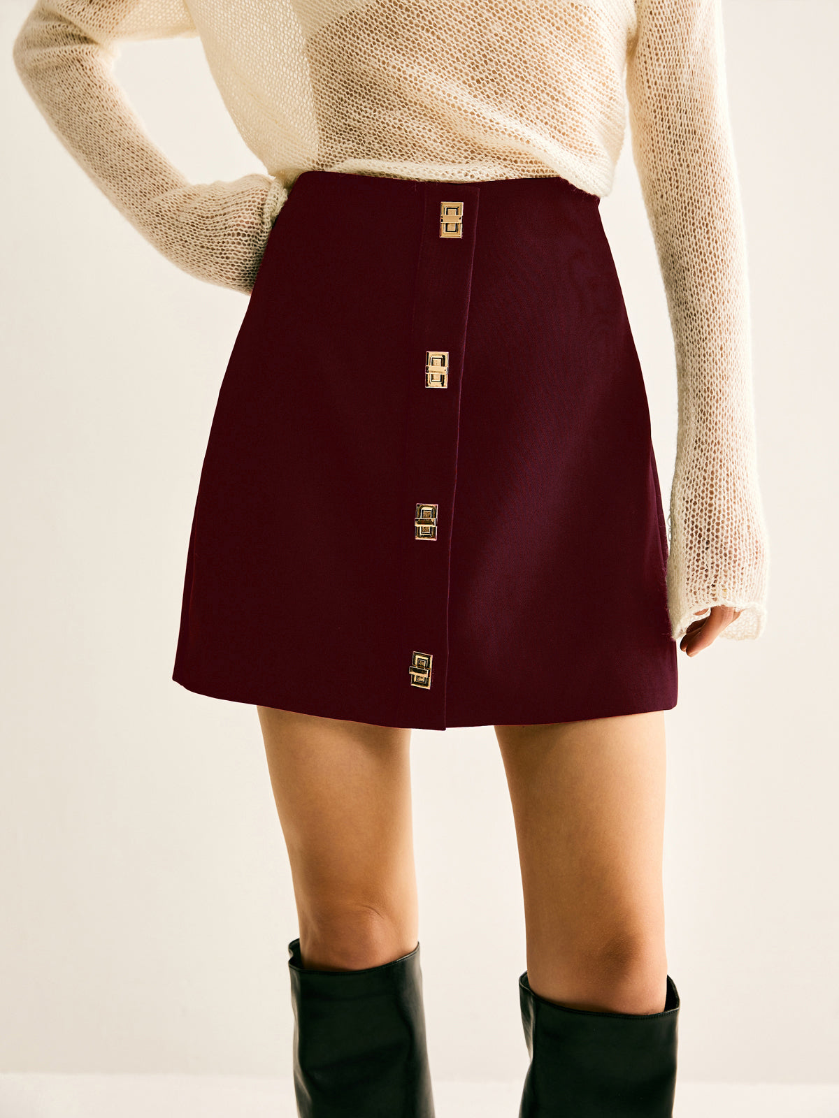 Metal-Decor Zipper Mini Skirt Trendy High-Waist Party Apparel