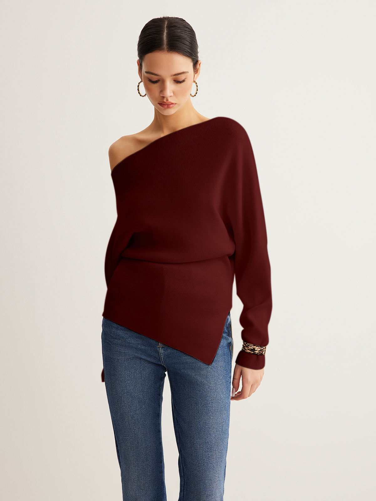 Wool-Blend Asymmetrical Neck Knit Top for Women, Comfort Fit