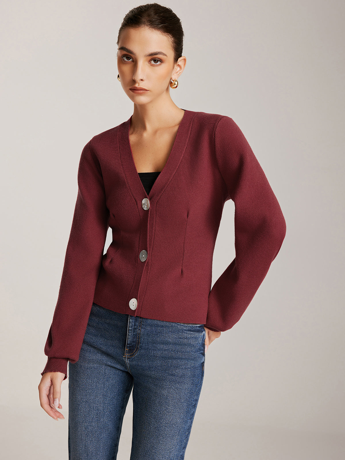 Lantern Sleeve Button Cardigan Cozy Knit Women's Sweater