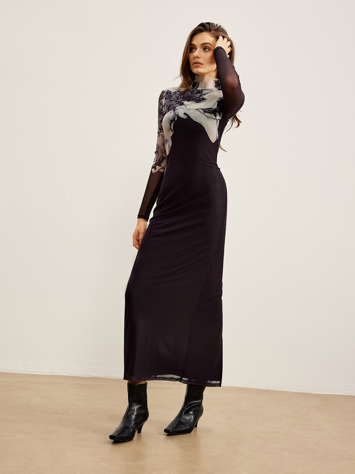 Mock Neck Printed Mesh Dress with Long Sleeves and Floral Details