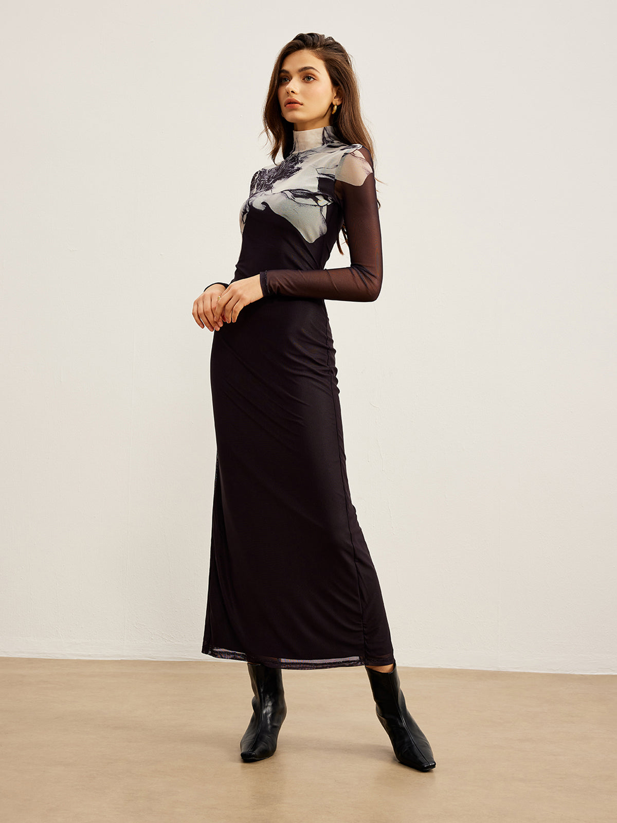 Mock Neck Printed Mesh Dress with Long Sleeves and Floral Details