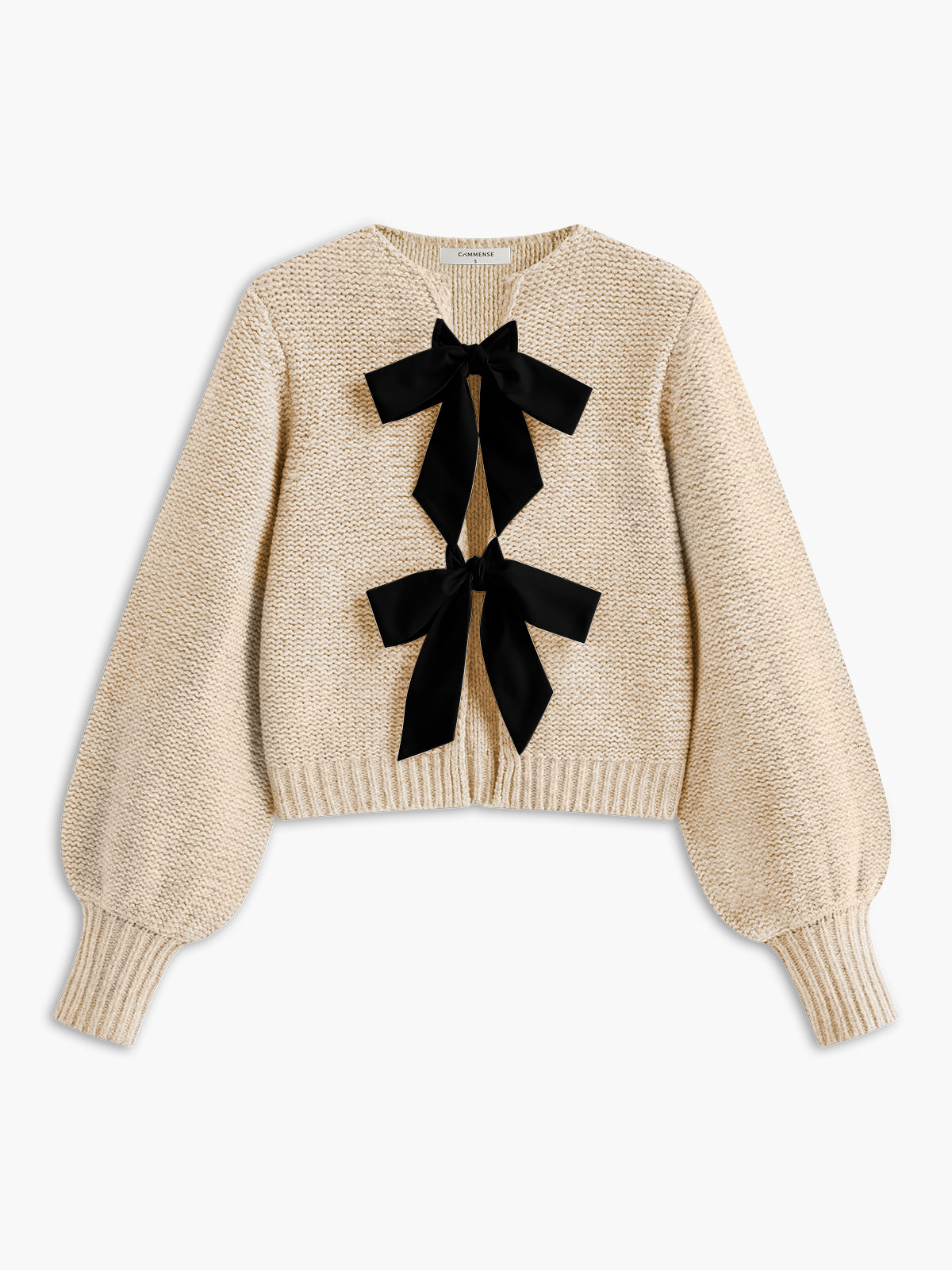 Crew Neck Bow Knit Top with Long Sleeves and Ribbed Texture