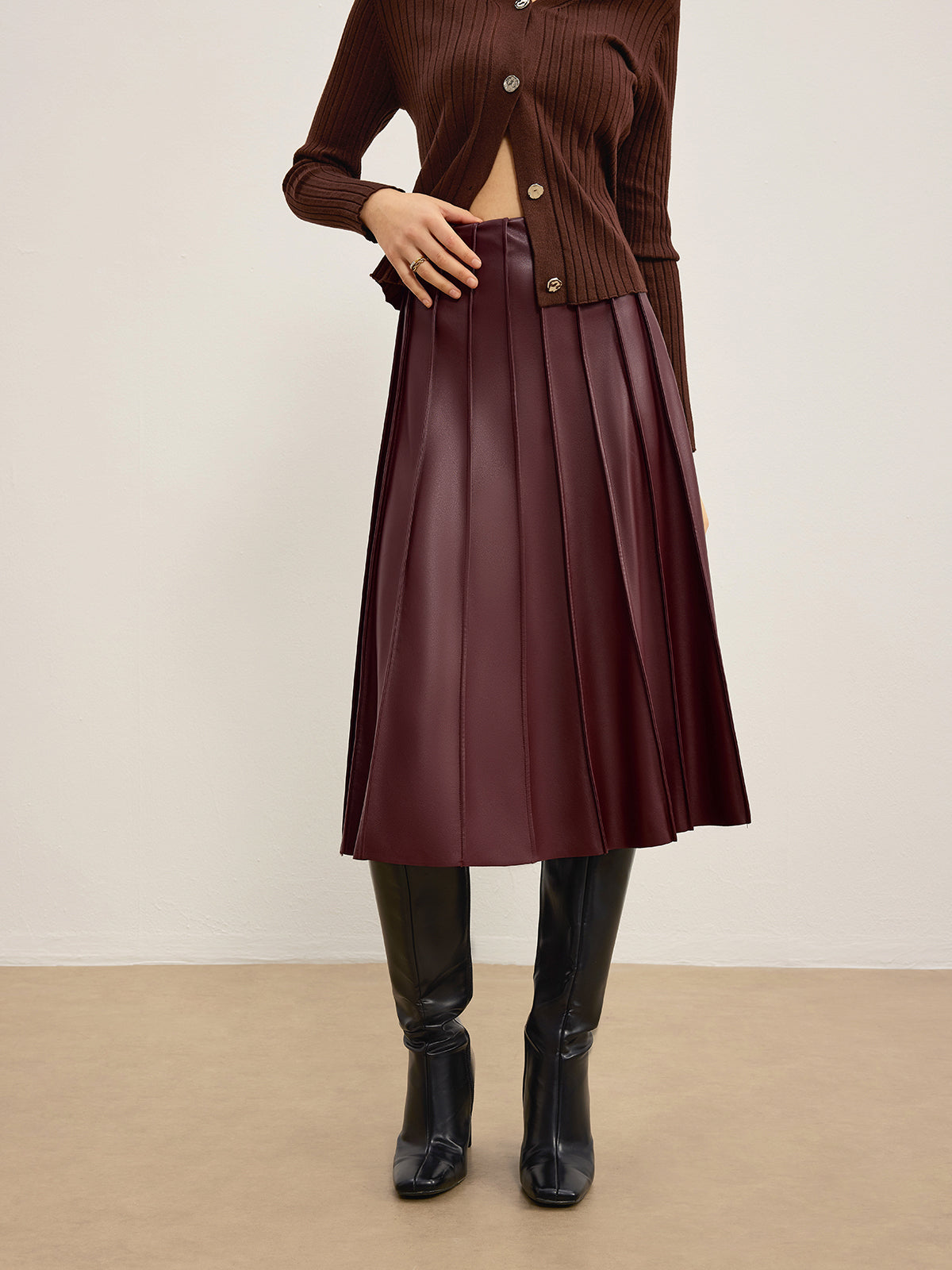 "Faux Leather Pleated Midi Skirt with Elastic Waistband"