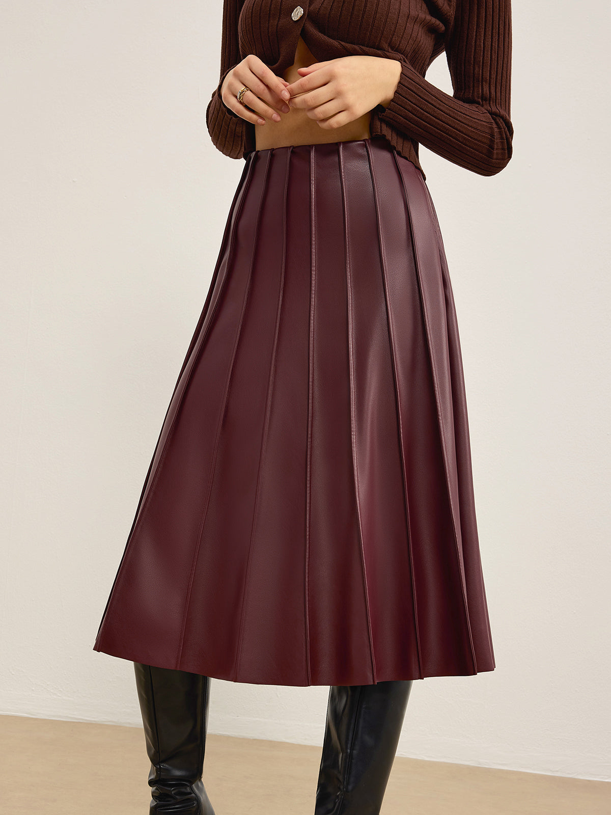 "Faux Leather Pleated Midi Skirt with Elastic Waistband"