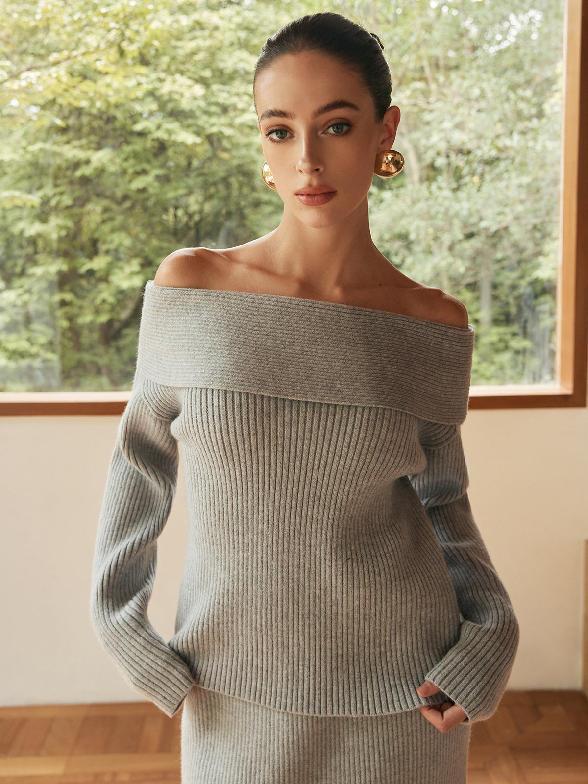 Ribbed Off-Shoulder Sweater Co-ords Classic Knitwear Outfit Essentials Without Belt