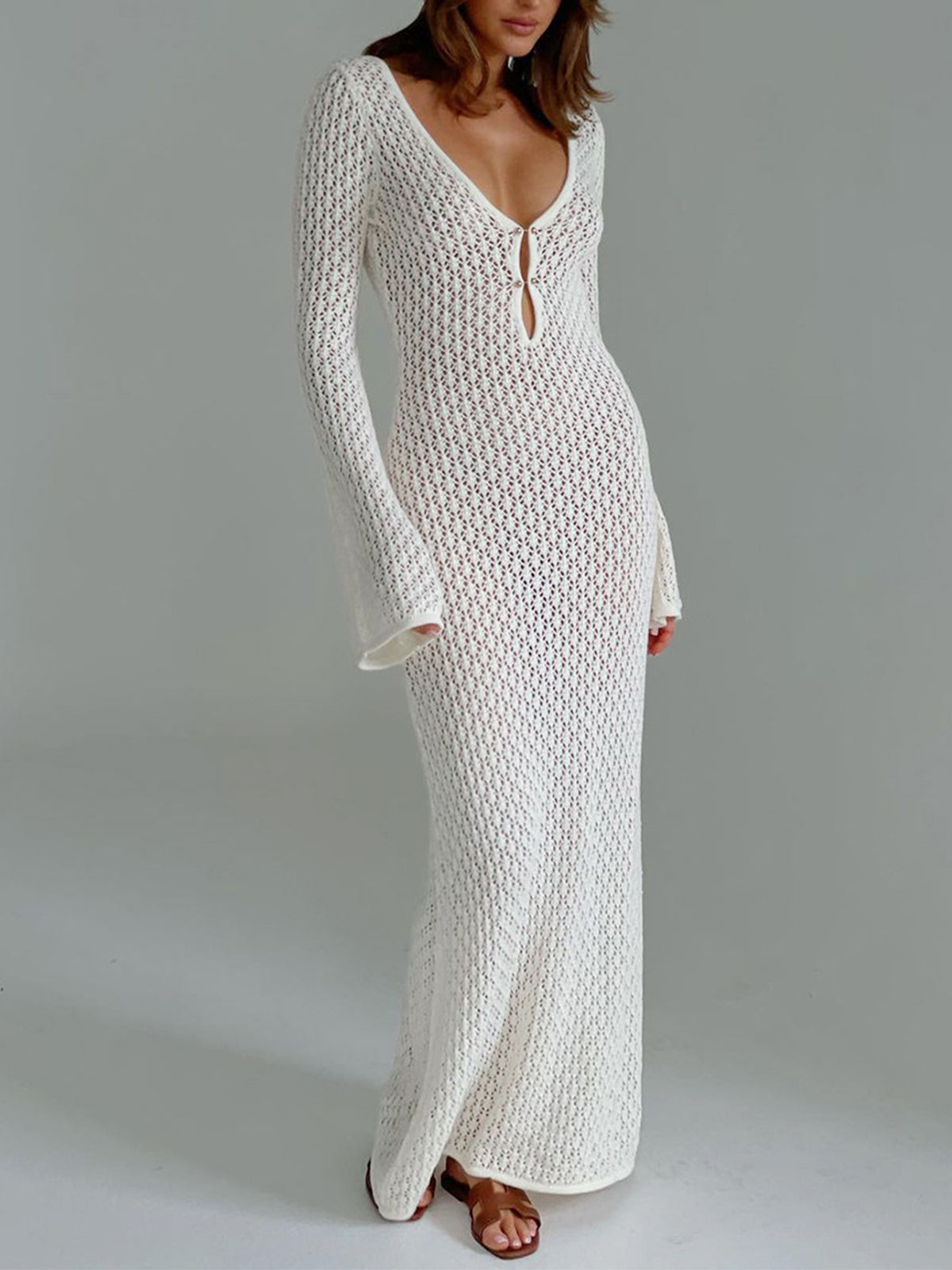 Cover Up Long Sleeve Open Back Maxi Dress with Floral Detail