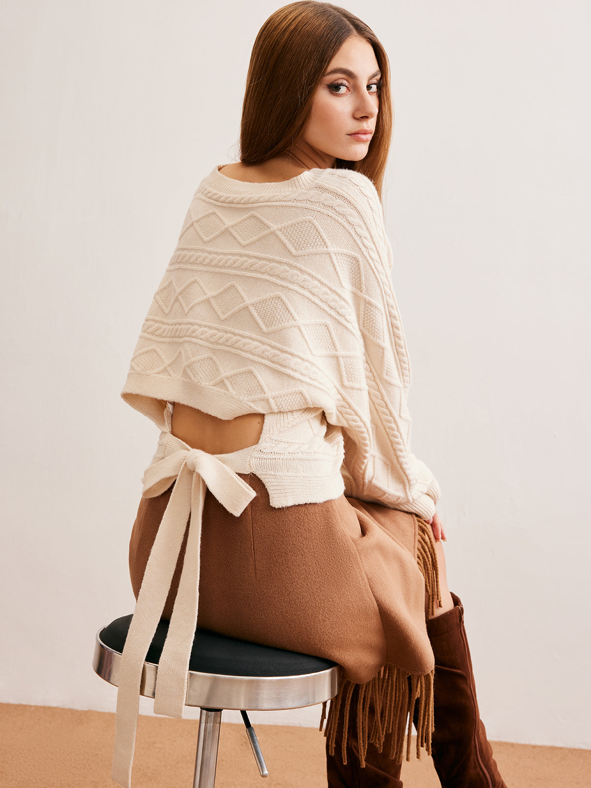 Tie Back Cable Knit Top Cozy Winter Sweater Pullover