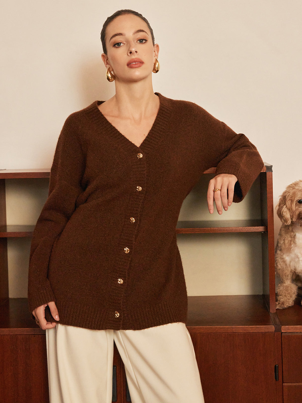 Wool-Blend Metal-Button Belted Cardigan with Pockets and Shawl Collar