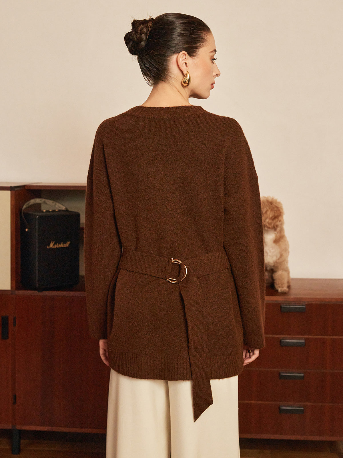 Wool-Blend Metal-Button Belted Cardigan with Pockets and Shawl Collar
