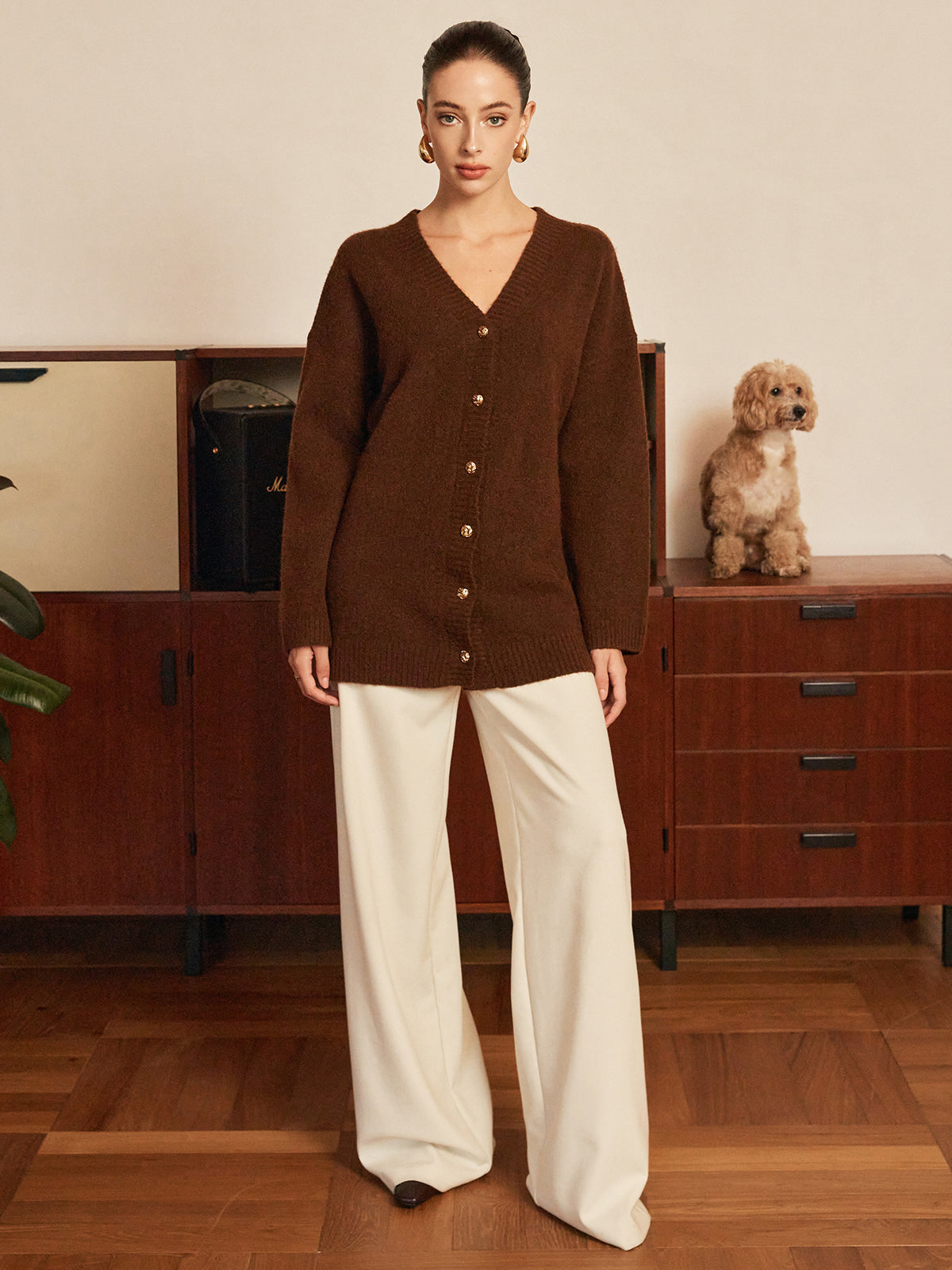 Wool-Blend Metal-Button Belted Cardigan with Pockets and Shawl Collar