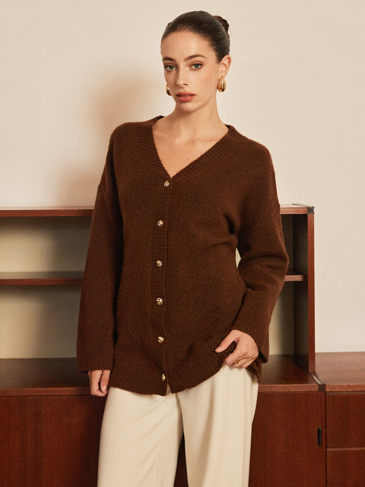 Wool-Blend Metal-Button Belted Cardigan with Pockets and Shawl Collar