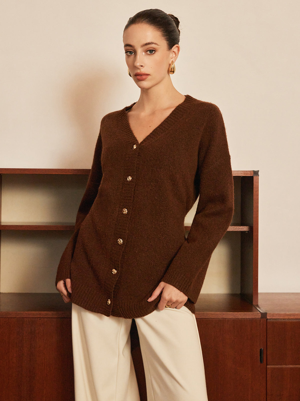 Wool-Blend Metal-Button Belted Cardigan with Pockets and Shawl Collar