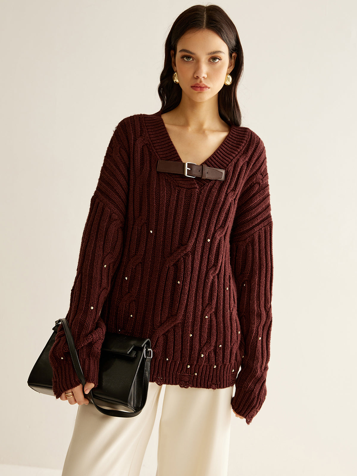 Buckle Belted Beaded Knit Top - Trendy Work & Casual Wear