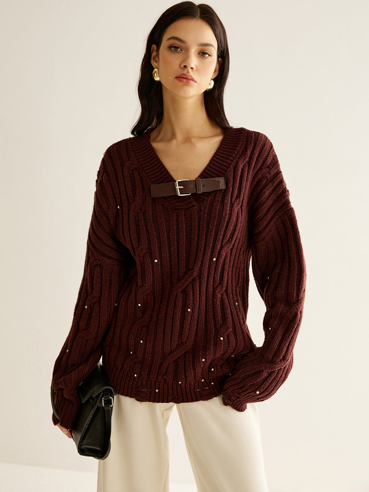 Buckle Belted Beaded Knit Top - Trendy Work & Casual Wear