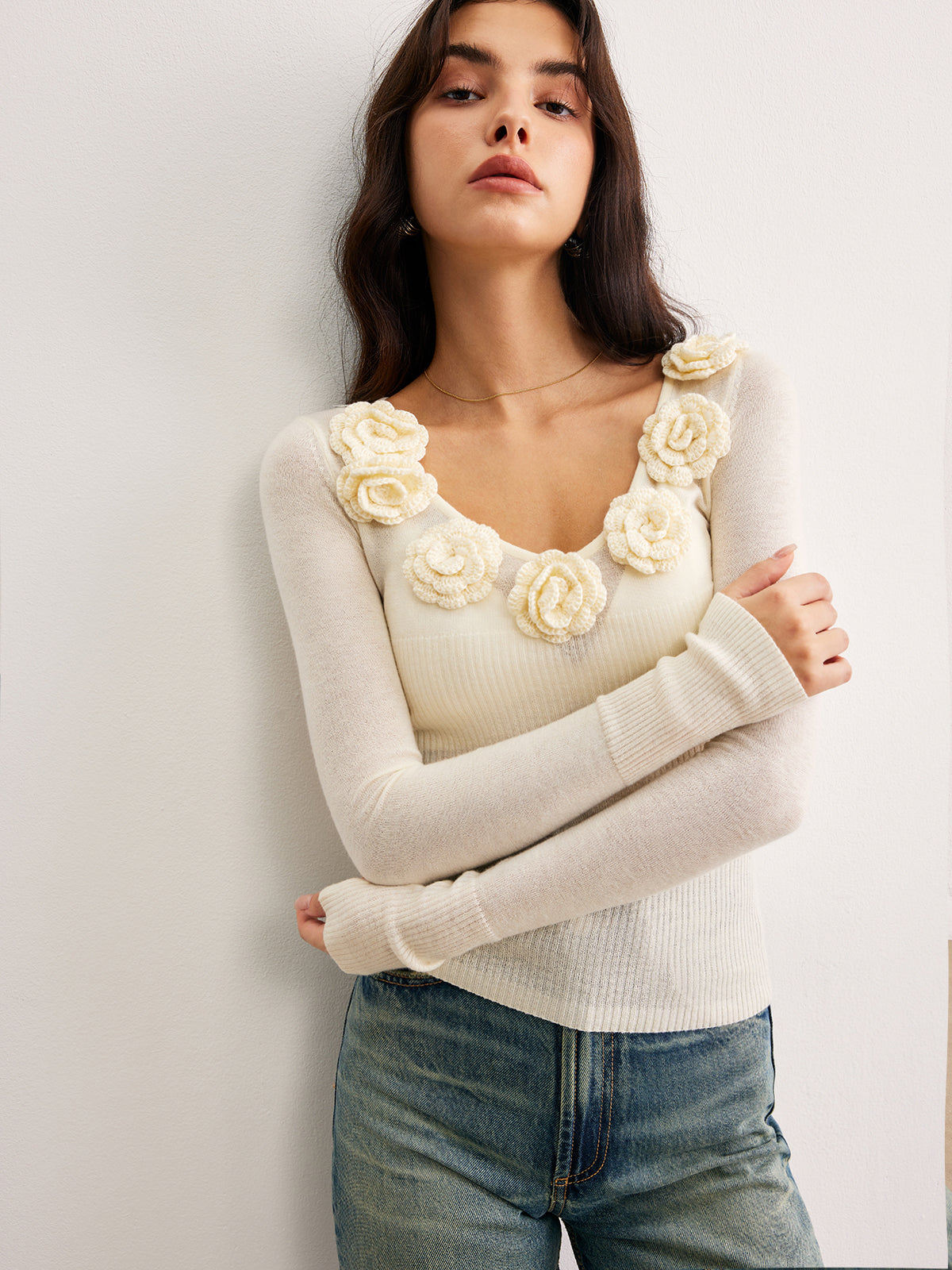 3D Flower Semi-Sheer Knit Top | Elegant Lightweight Summer Blouse