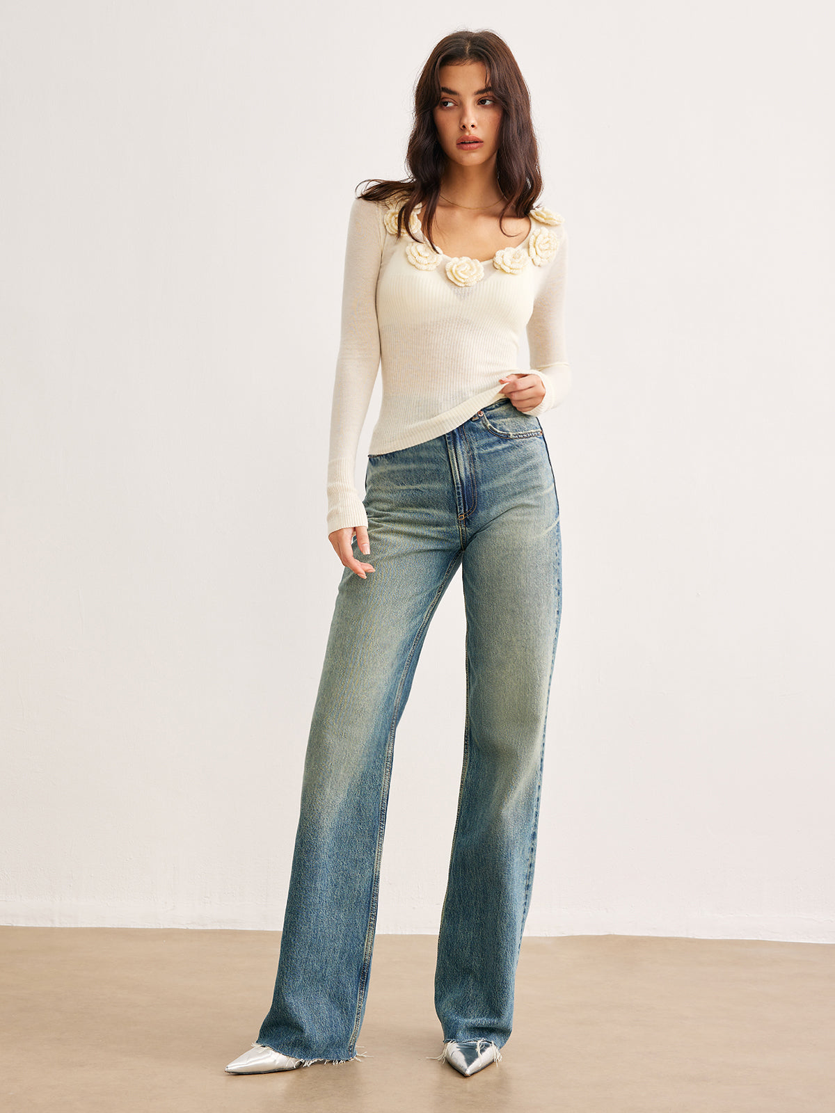 3D Flower Semi-Sheer Knit Top | Elegant Lightweight Summer Blouse