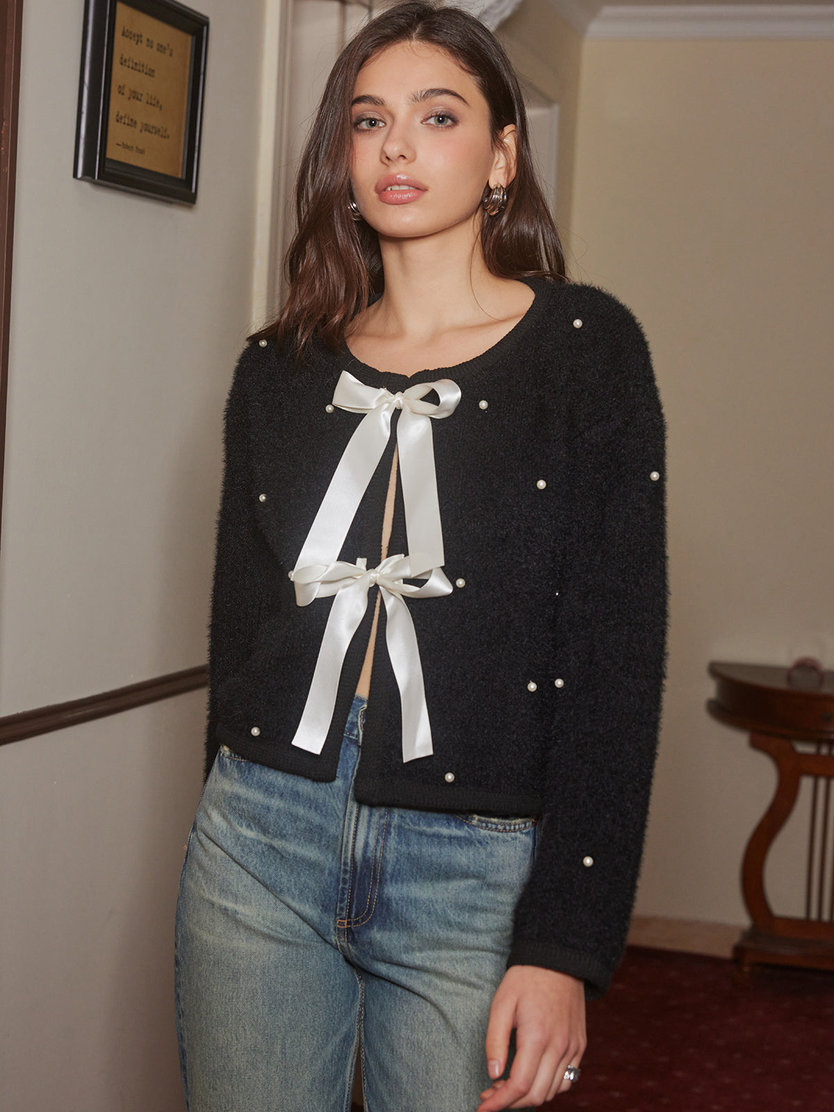 Beaded Decor Bow Knit Top Fashionable Casual Wear