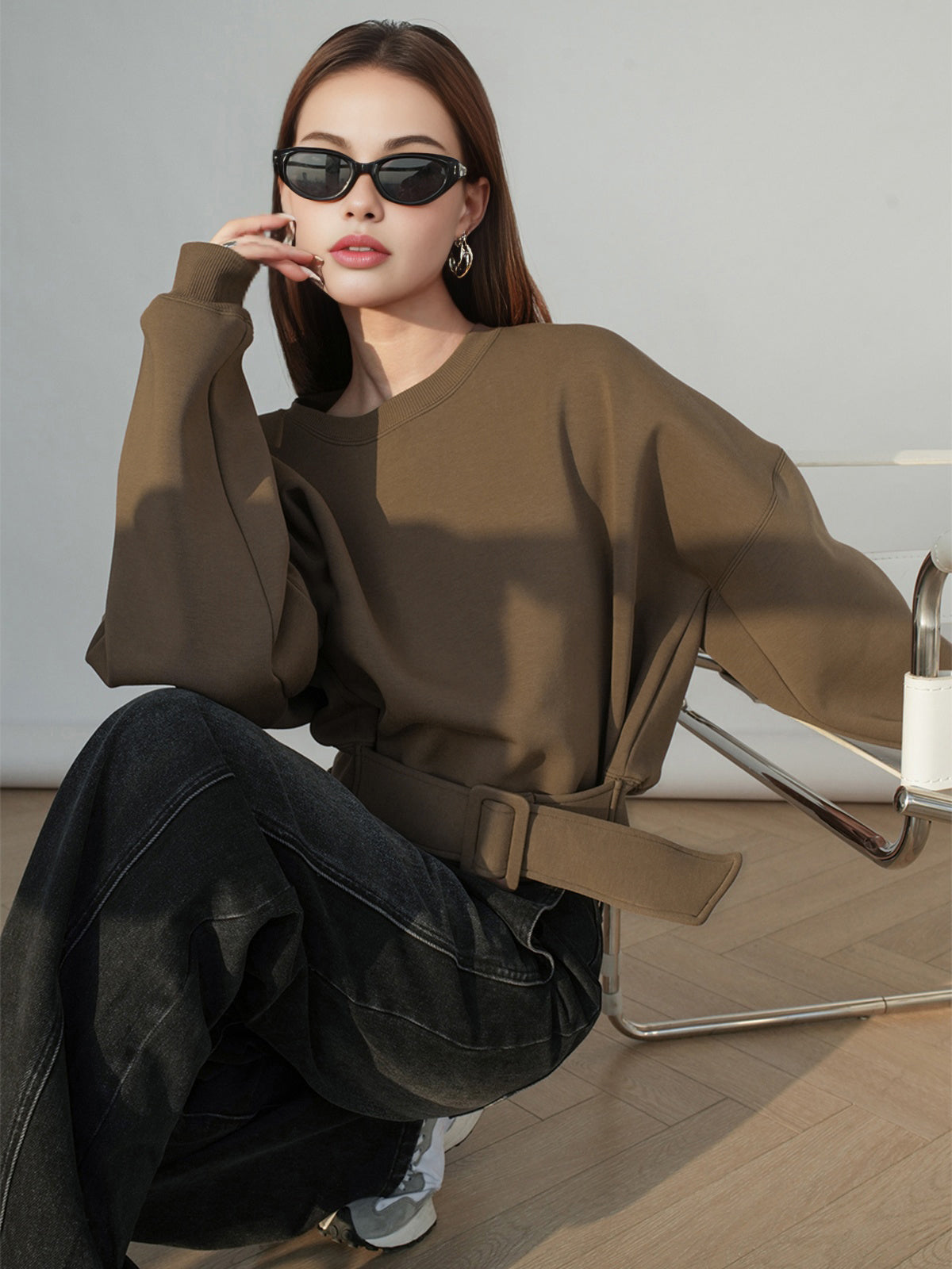 Oversized Belted Short Sweatshirt Women's Casual Outfit
