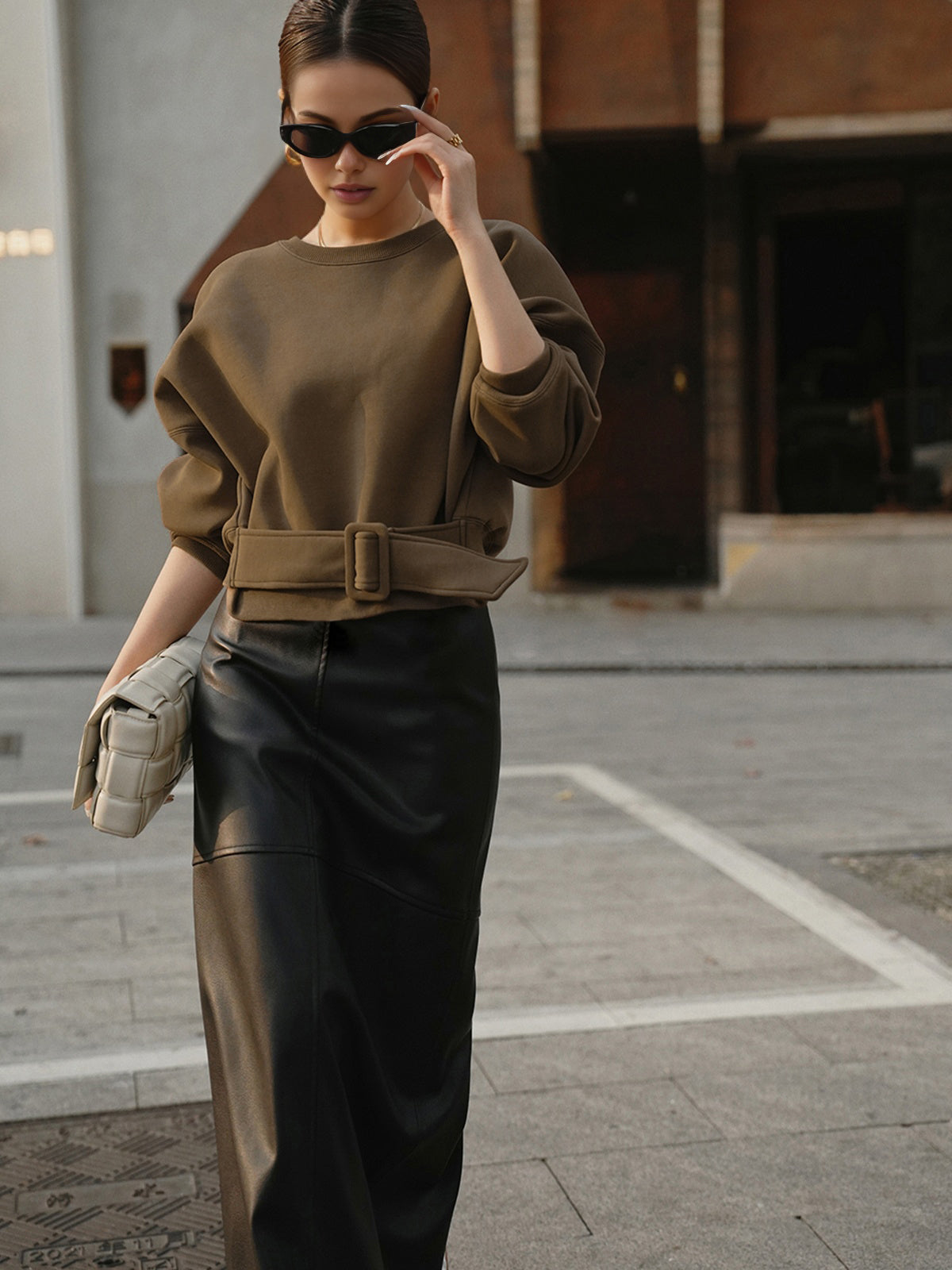 Oversized Belted Short Sweatshirt Women's Casual Outfit