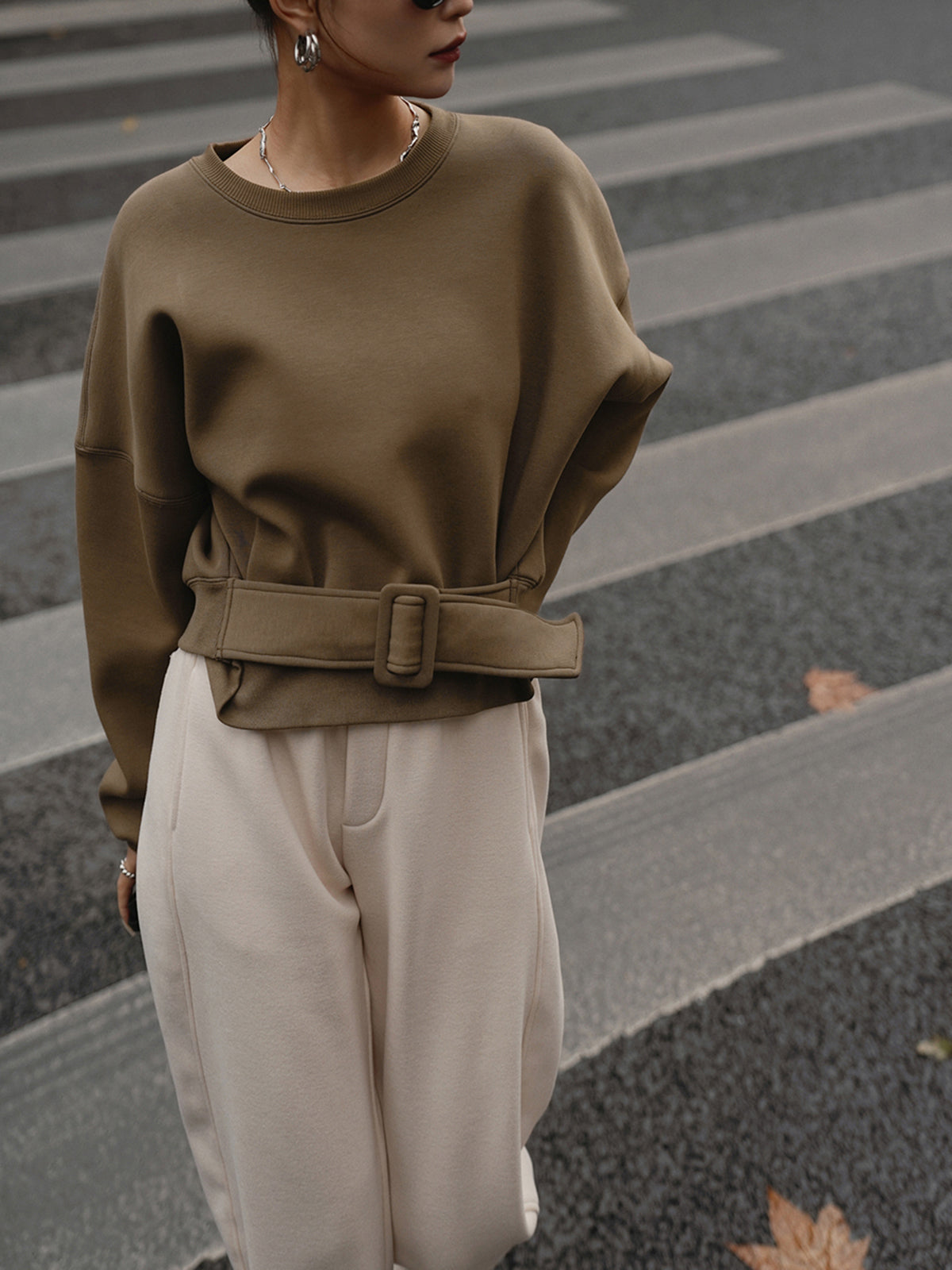 Oversized Belted Short Sweatshirt Women's Casual Outfit