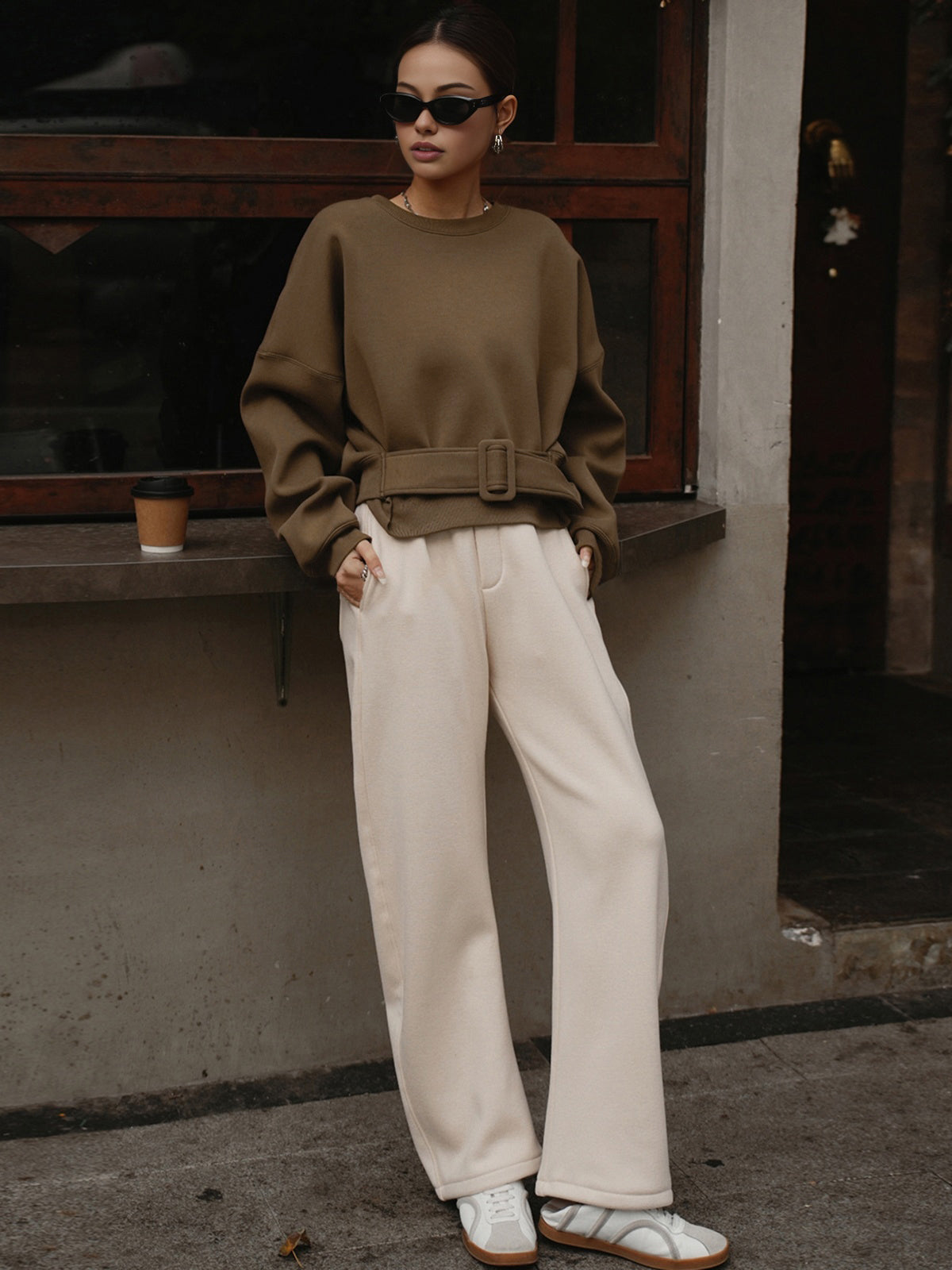 Oversized Belted Short Sweatshirt Women's Casual Outfit