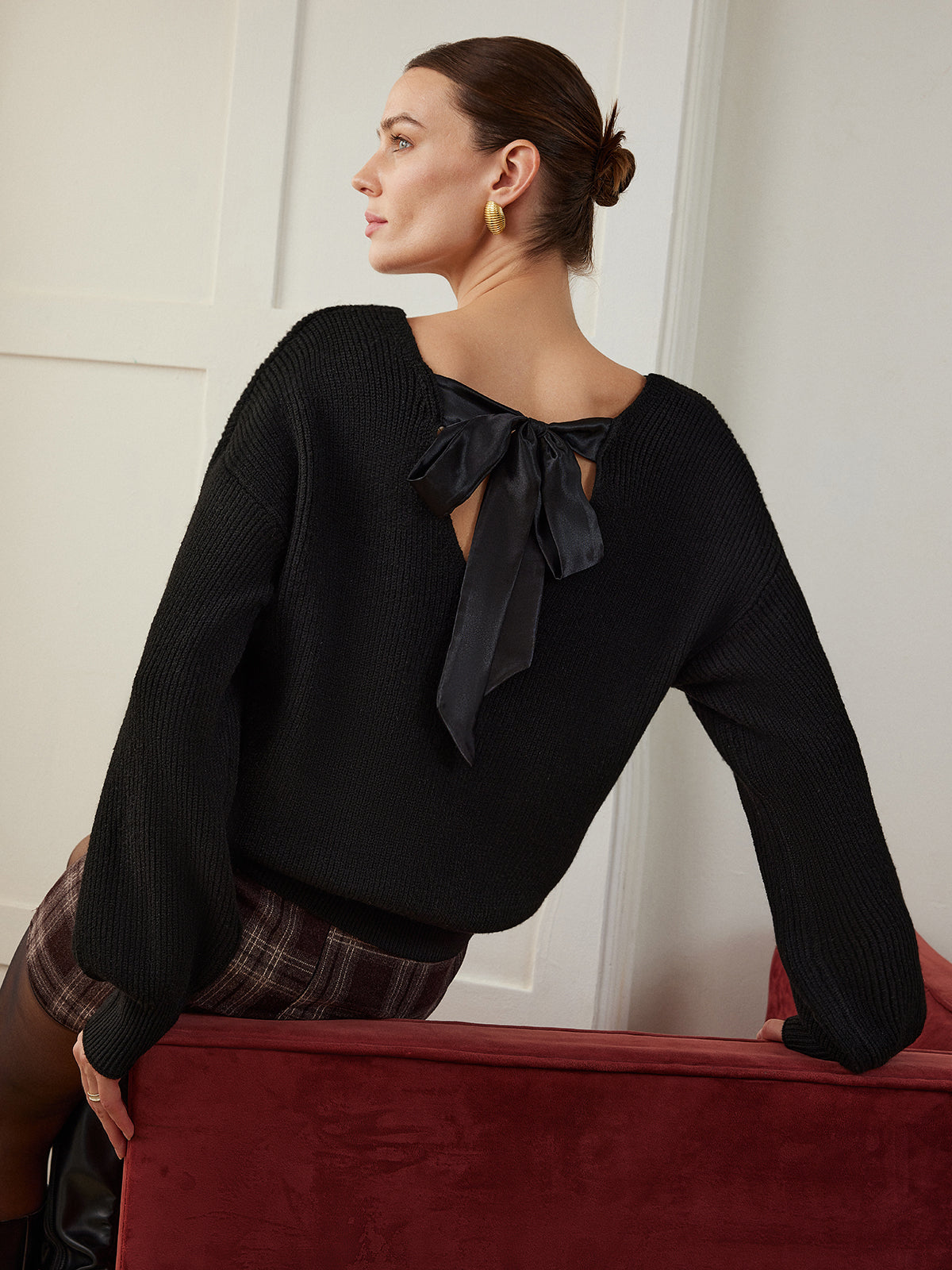 Ribbed V-Neck Bow Sweater for Women Casual Fashion Pullover