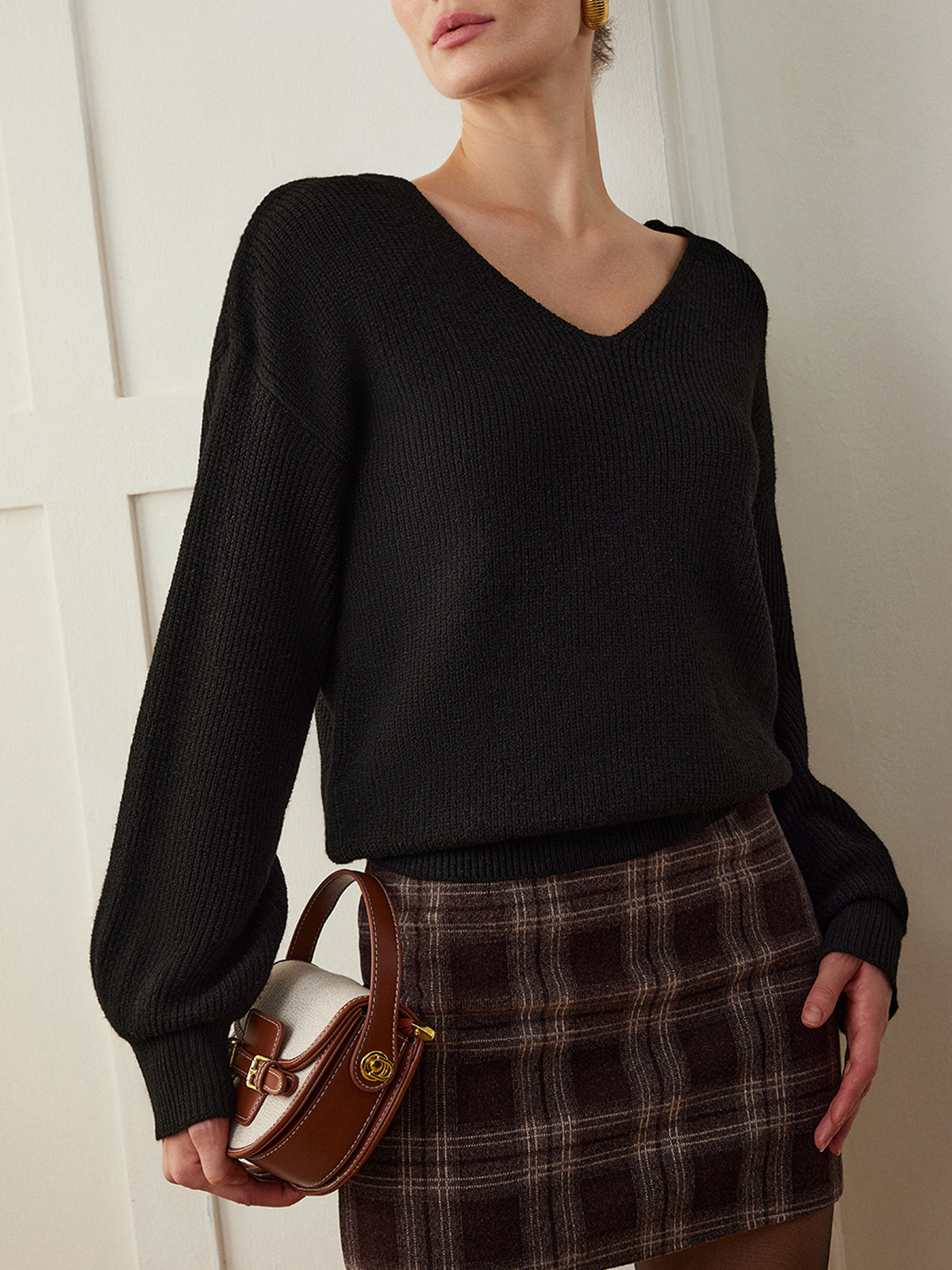 Ribbed V-Neck Bow Sweater for Women Casual Fashion Pullover