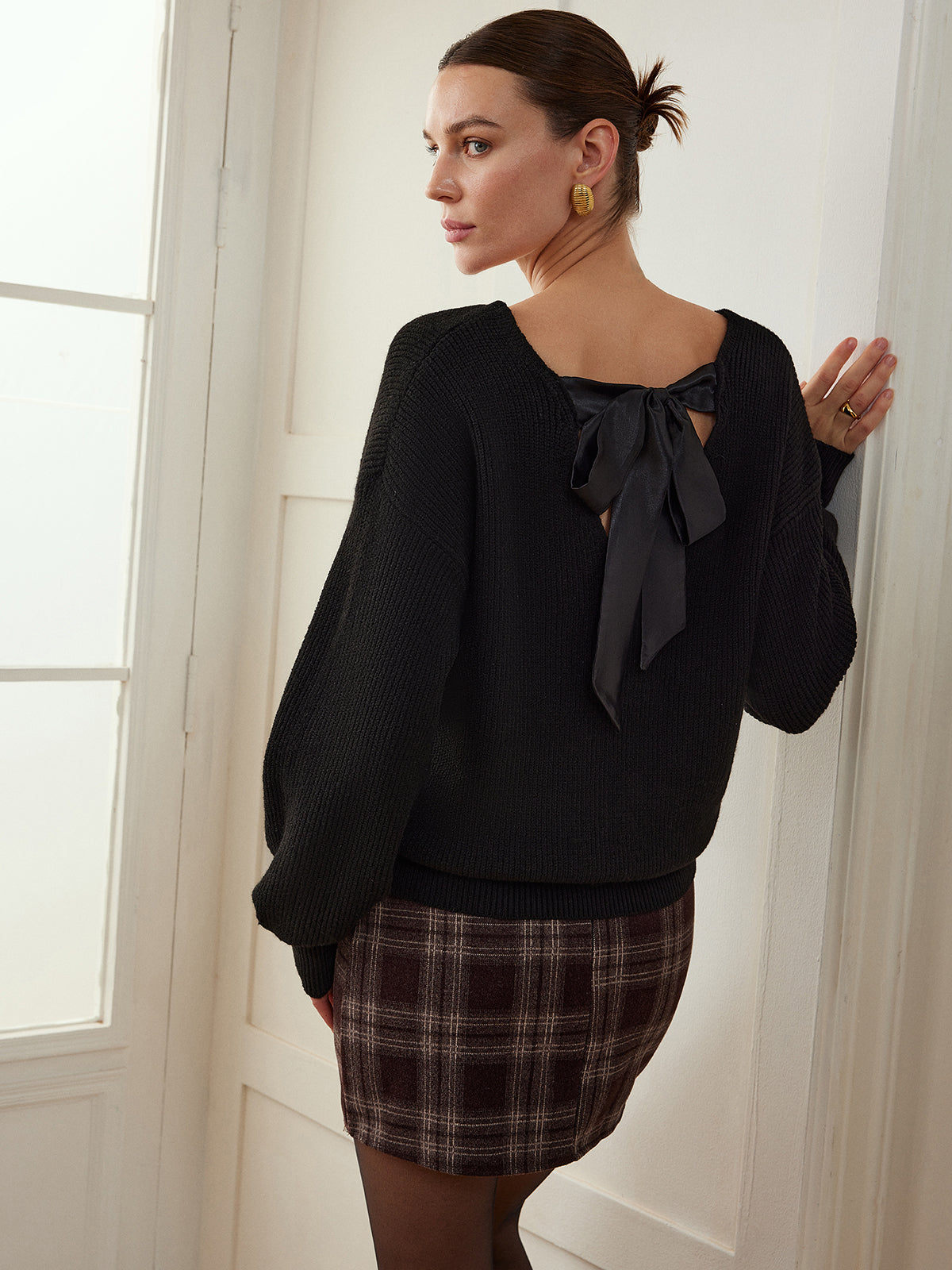 Ribbed V-Neck Bow Sweater for Women Casual Fashion Pullover