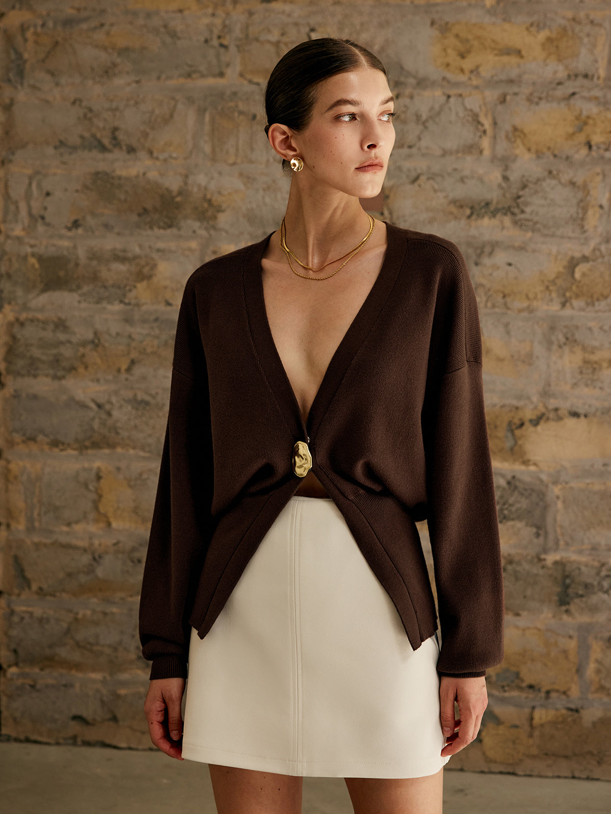 Golden Button Plain Cardigan with Lightweight Cotton Blend for Women