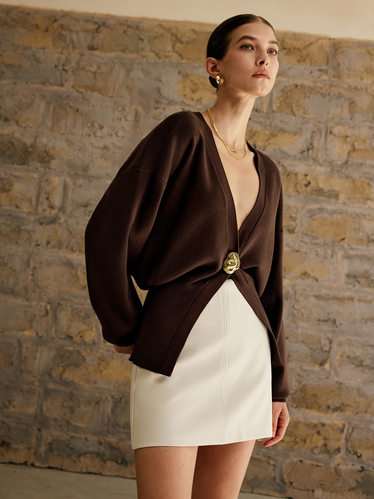 Golden Button Plain Cardigan with Lightweight Cotton Blend for Women