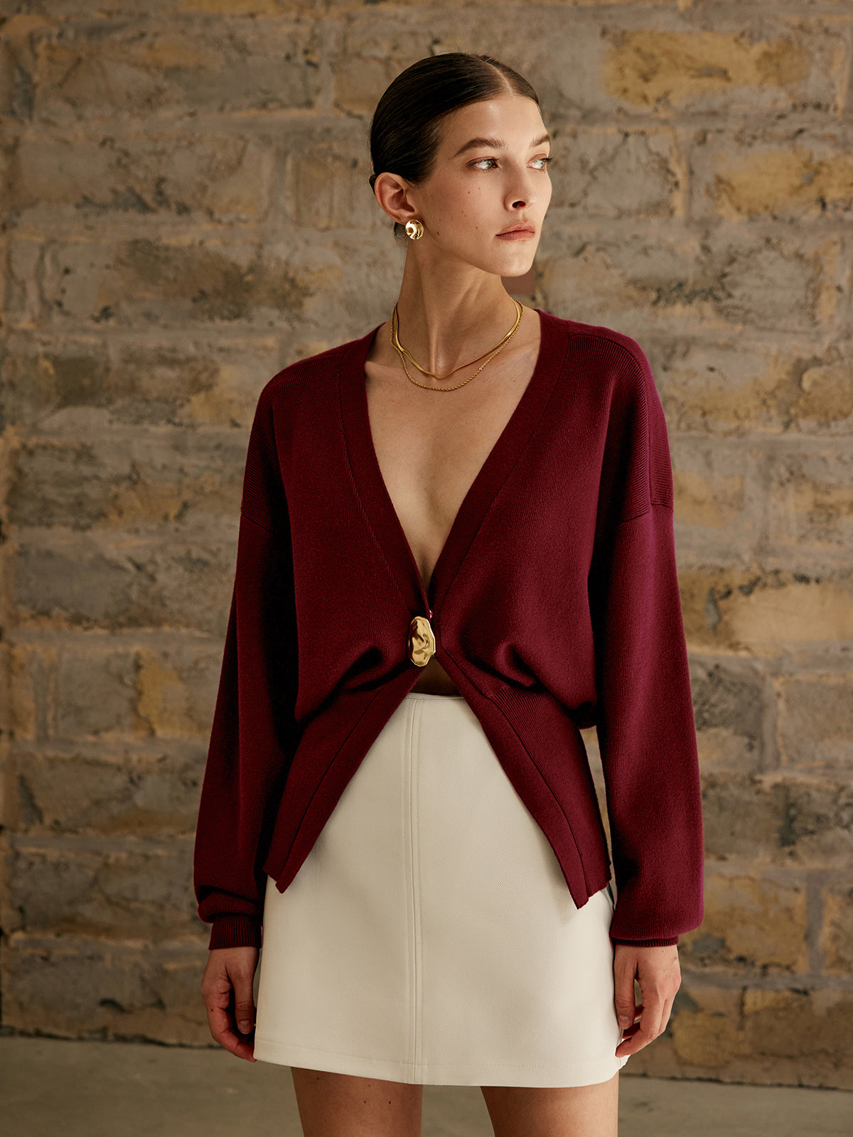 Golden Button Plain Cardigan with Lightweight Cotton Blend for Women