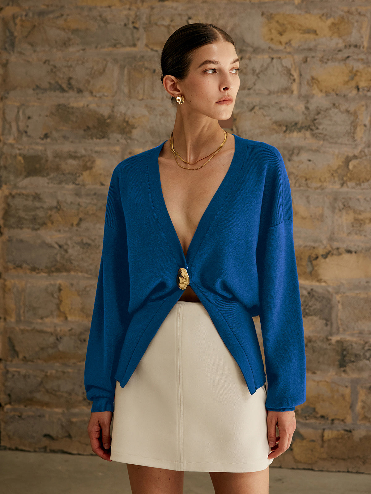 Golden Button Plain Cardigan with Lightweight Cotton Blend for Women