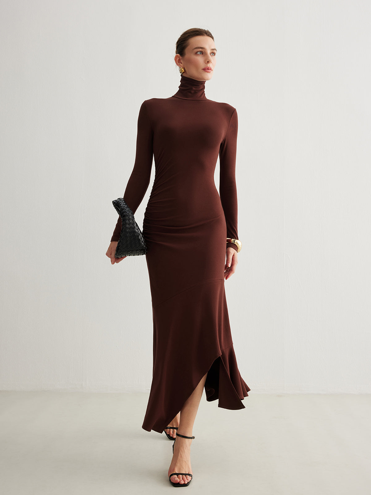 Turtleneck Irregular Pleated Long Dress Elegant Flowy Maxi Style