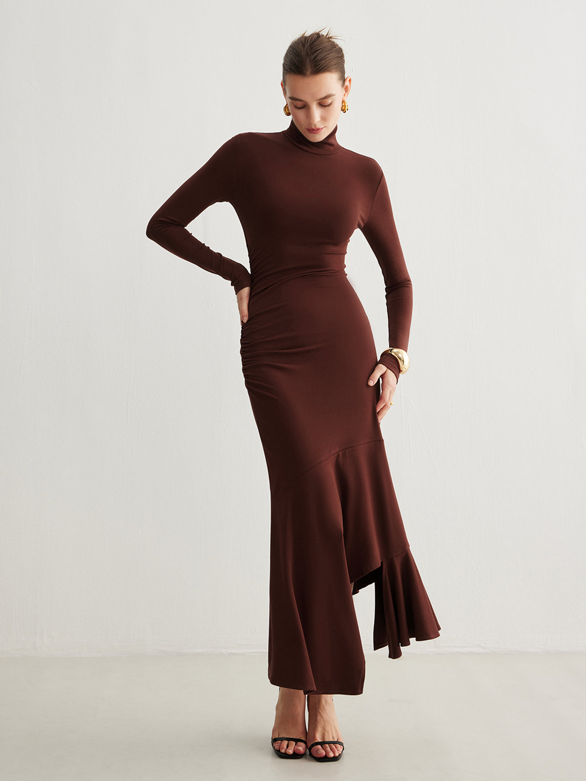 Turtleneck Irregular Pleated Long Dress Elegant Flowy Maxi Style