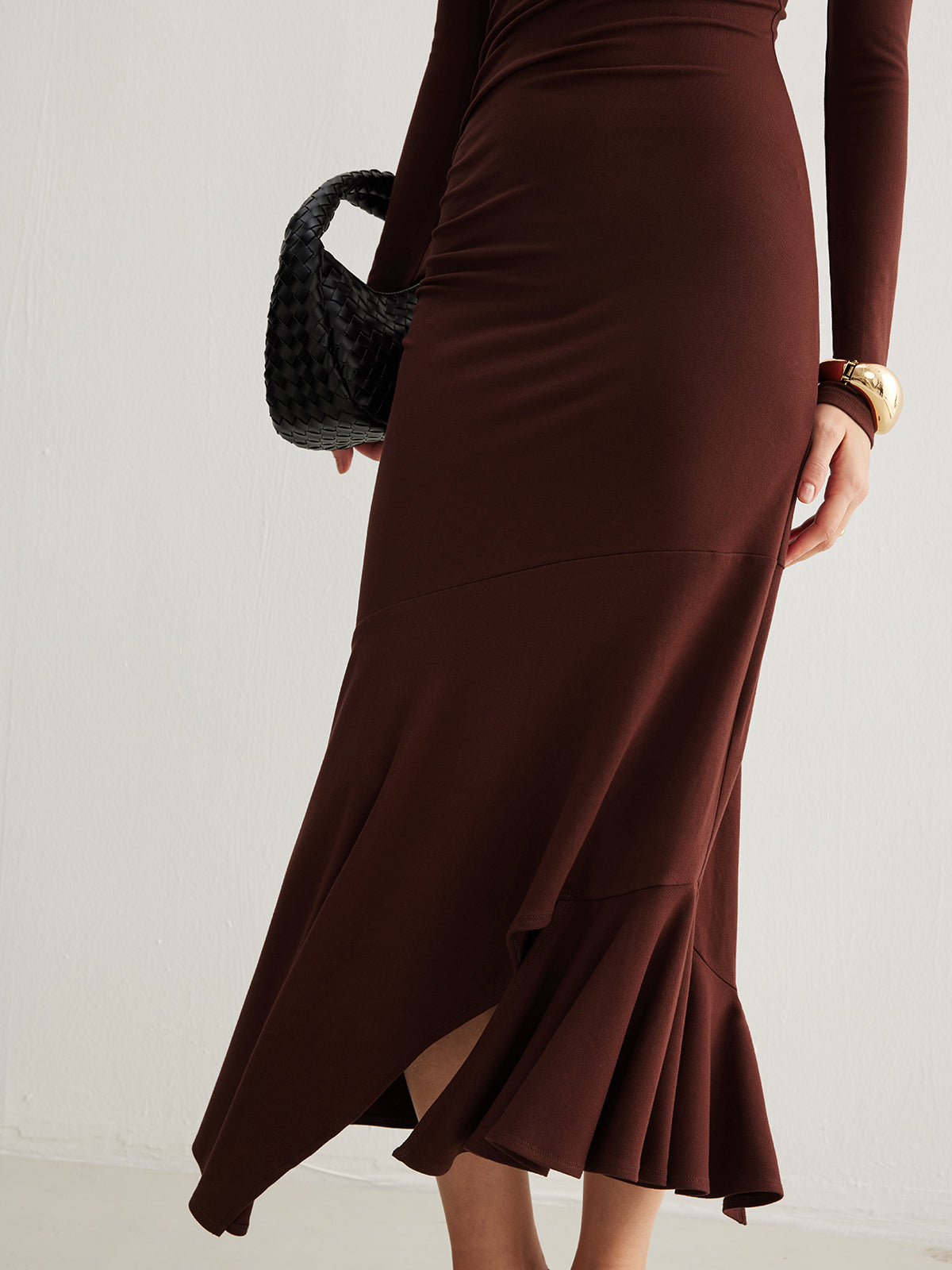 Turtleneck Irregular Pleated Long Dress Elegant Flowy Maxi Style