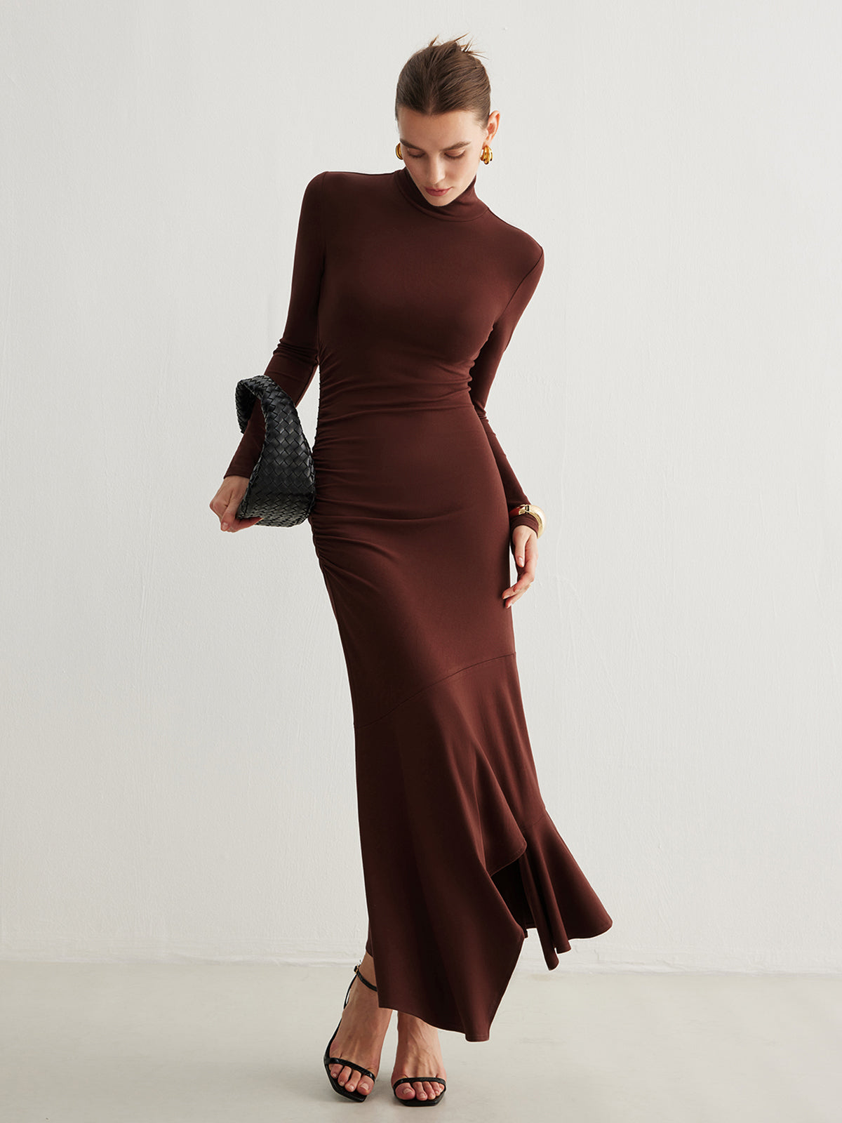 Turtleneck Irregular Pleated Long Dress Elegant Flowy Maxi Style