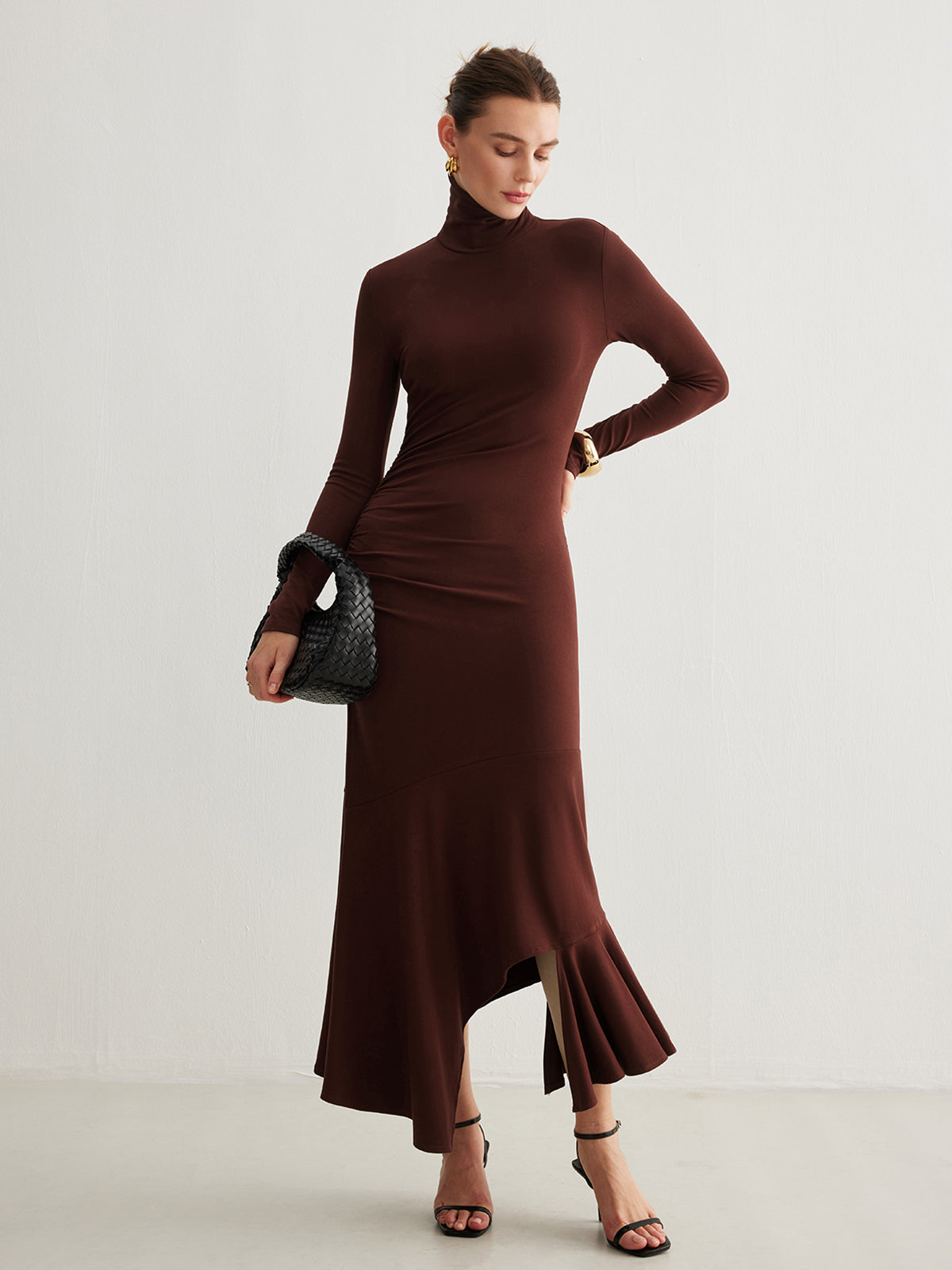 Turtleneck Irregular Pleated Long Dress Elegant Flowy Maxi Style