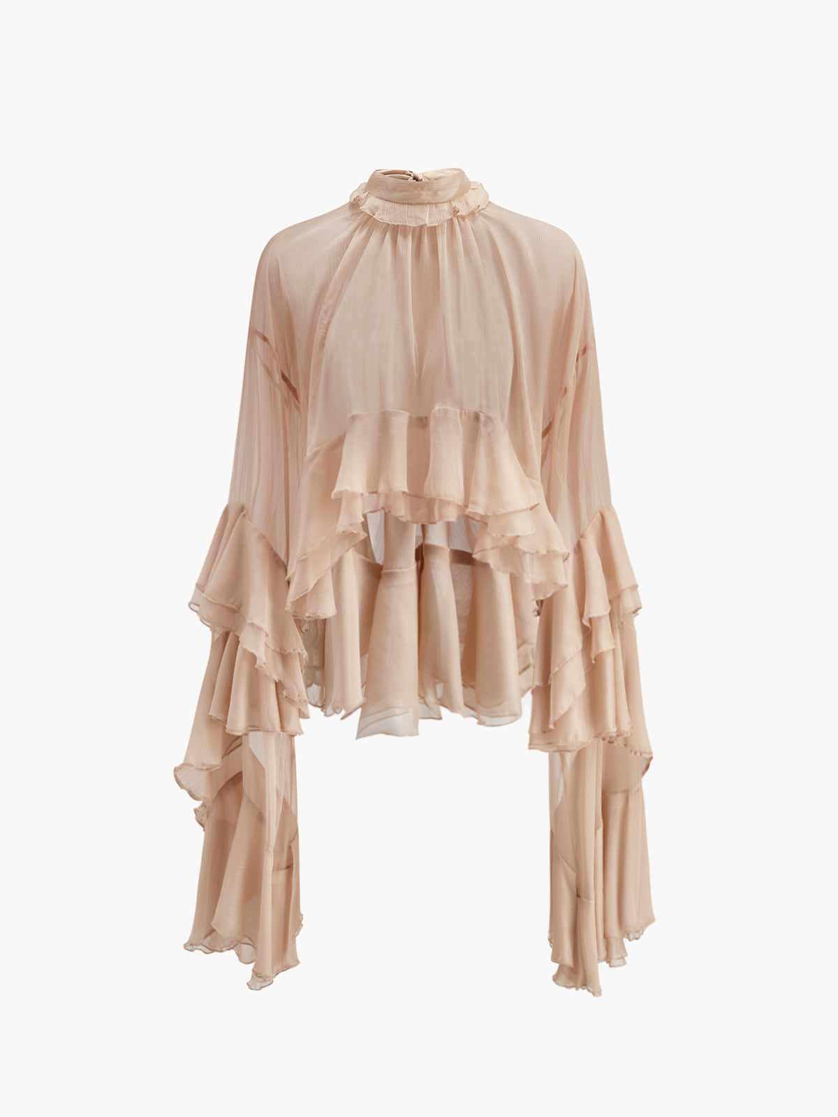 Sheer Turtleneck Ruffle Chiffon Blouse Long Sleeve Elegant Women's Top